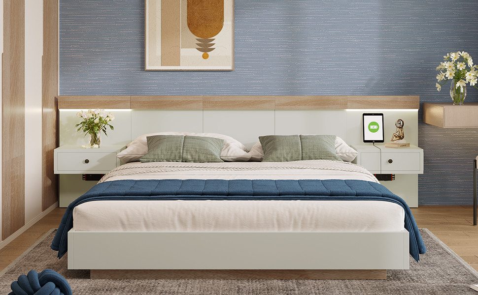 REDOM Holzbett Doppelbett Holzbett (Kiefernholz Doppelbett 2 Nachttische mit LED und Steckdose), 140x200cm