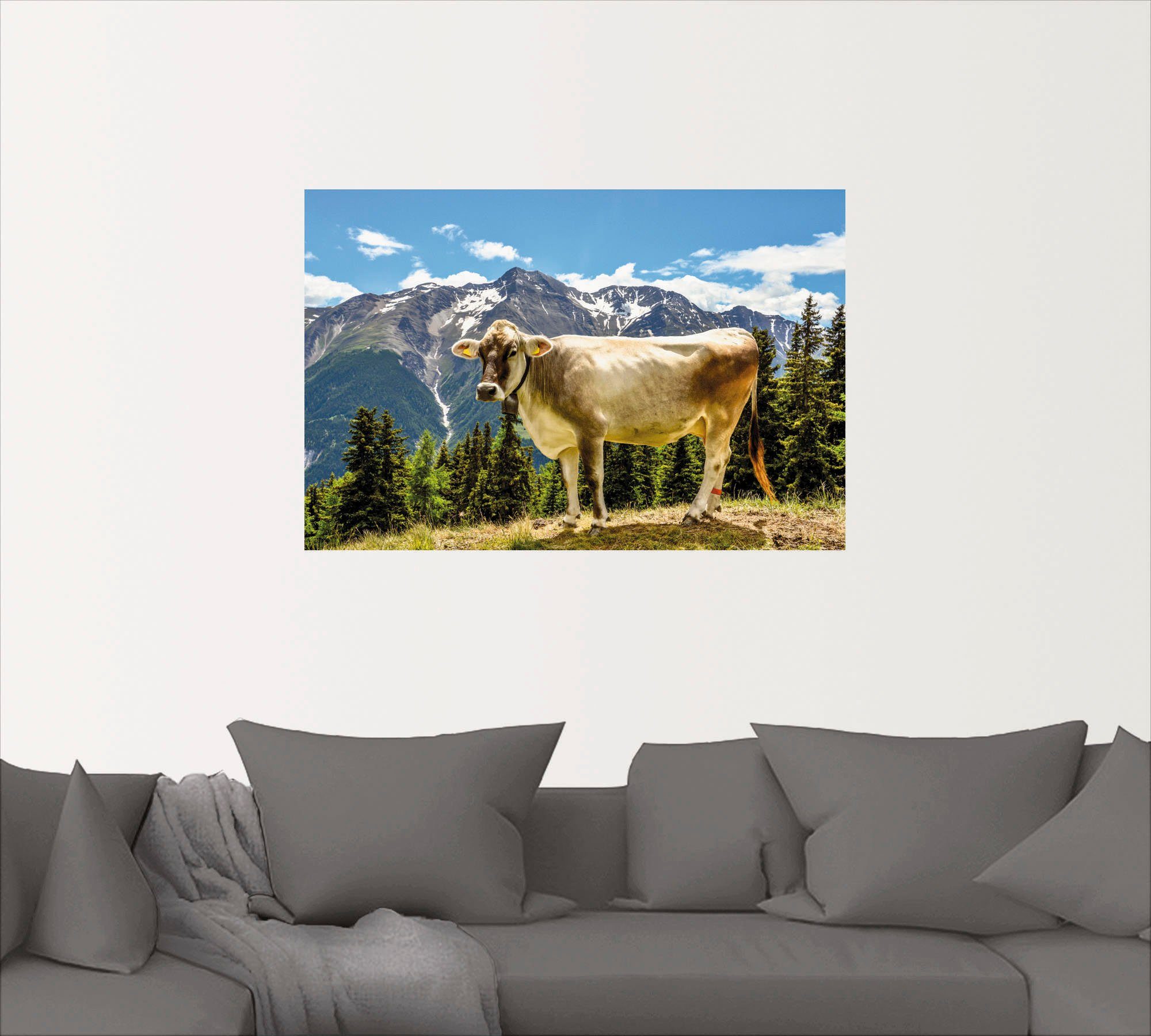 Sommer, Artland Alpen Größen Wandaufkleber den als Wandbild Poster in im St), Alubild, Haustiere versch. Leinwandbild, (1 oder Bergkuh in