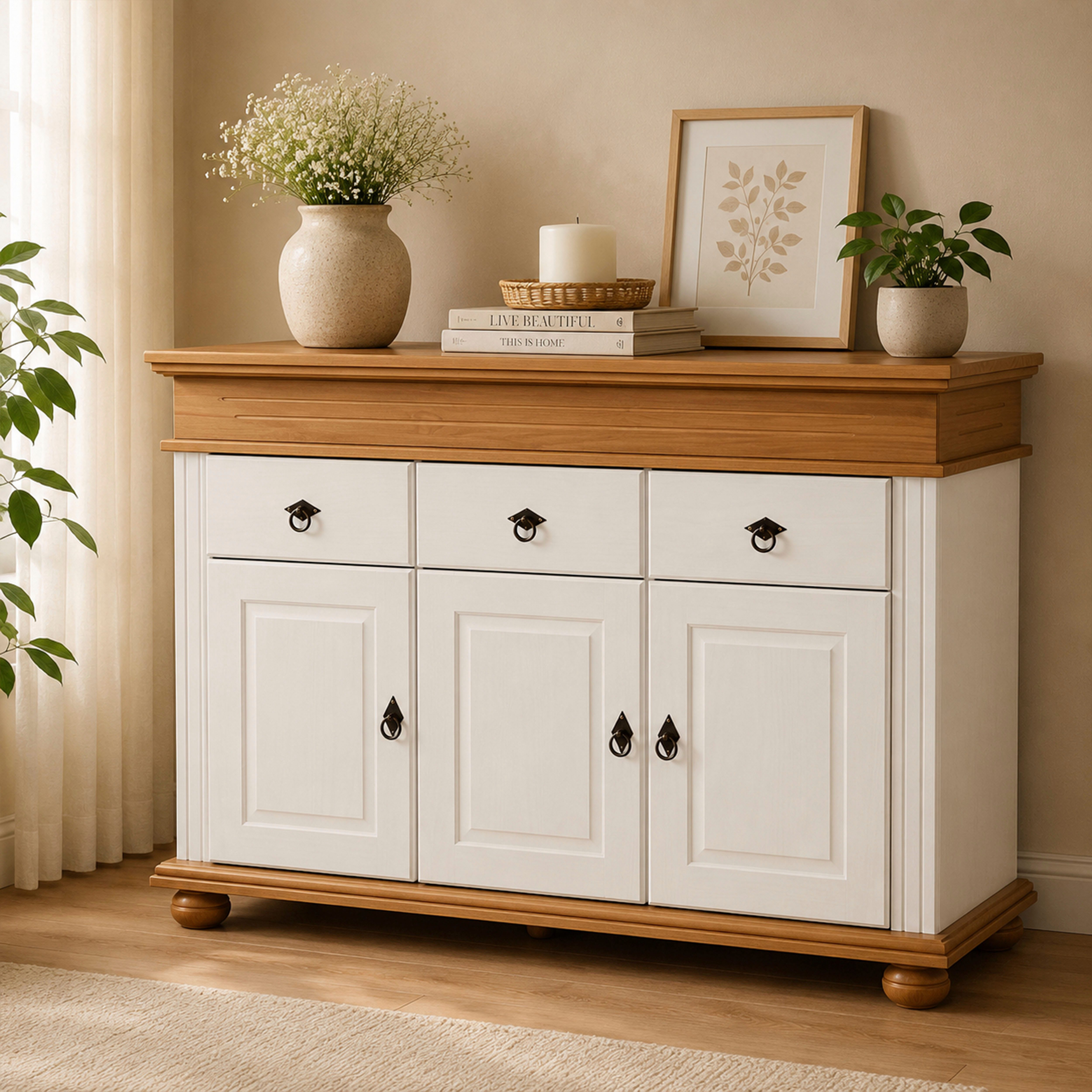Inter Link Anrichte Halmaro, Kiefer Massivholz, Soft-close, 141 x 46 x 100 cm, Stauraum (1 St), Sideboard in Weiss, Braun/Oak, Landhausstil, 3 Türen, 3 Schubladen
