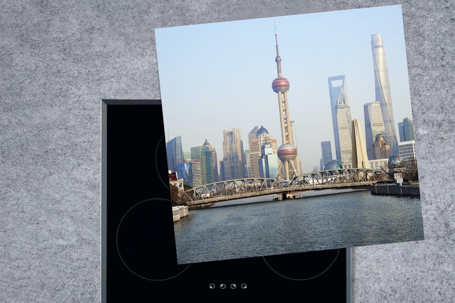 Skyline Arbeitsplatte (1 für Herdblende-/Abdeckplatte tlg), Shanghai Pearl Tower, MuchoWow Vinyl, cm, von Oriental küche 78x78 dem Ceranfeldabdeckung, mit