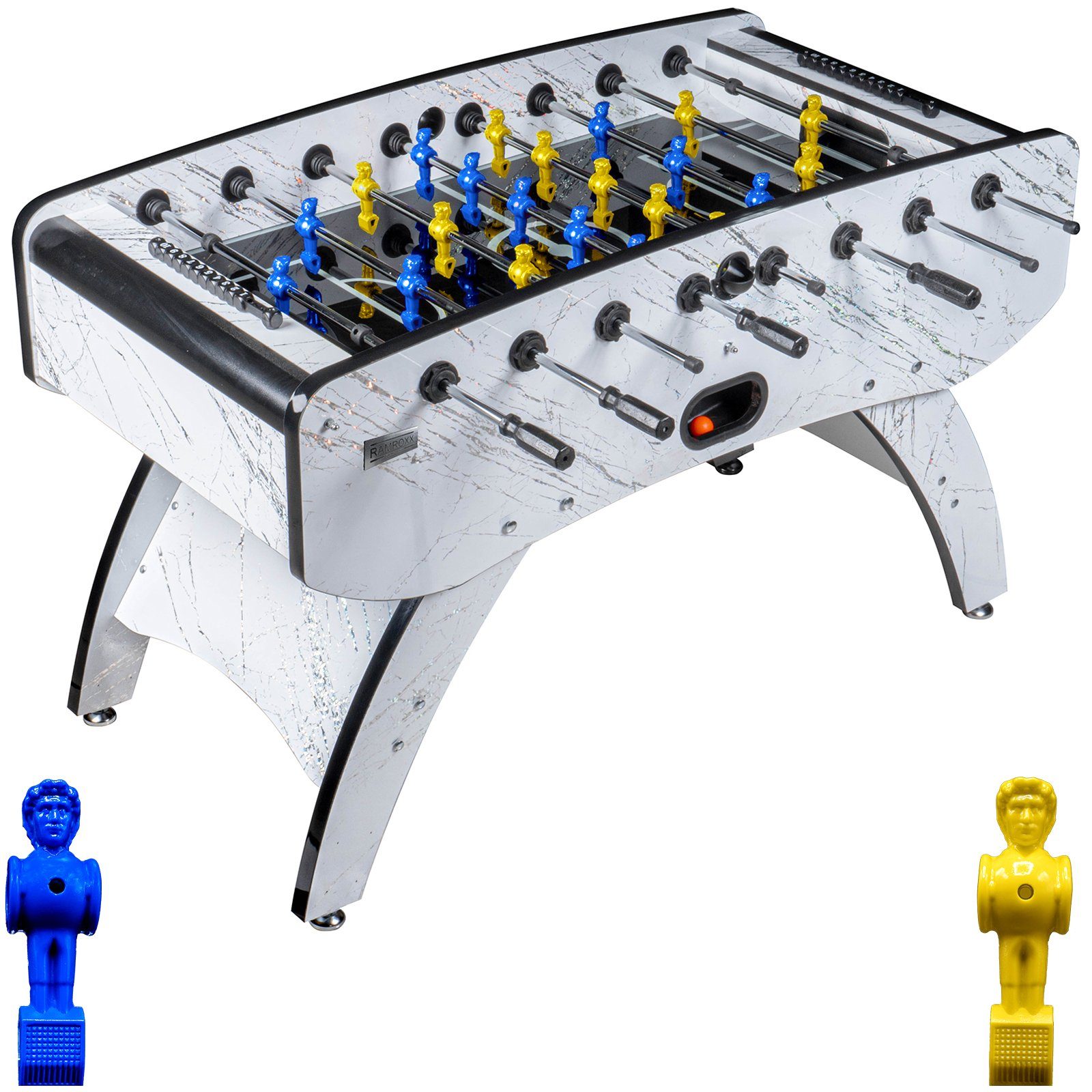 Kickertisch Fußball Premium Weiß Glasspielfeld Figuren Blau Gelb 80kg