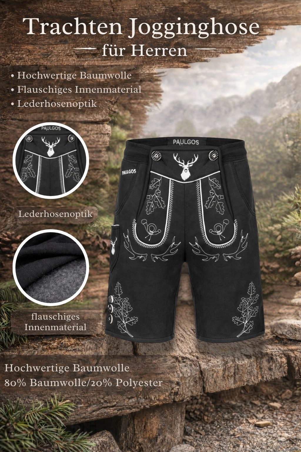 PAULGOS Trachtenhose Herren Jogginghose Design Lederhose Kurz Sweathose Bermuda Shorts JOK5