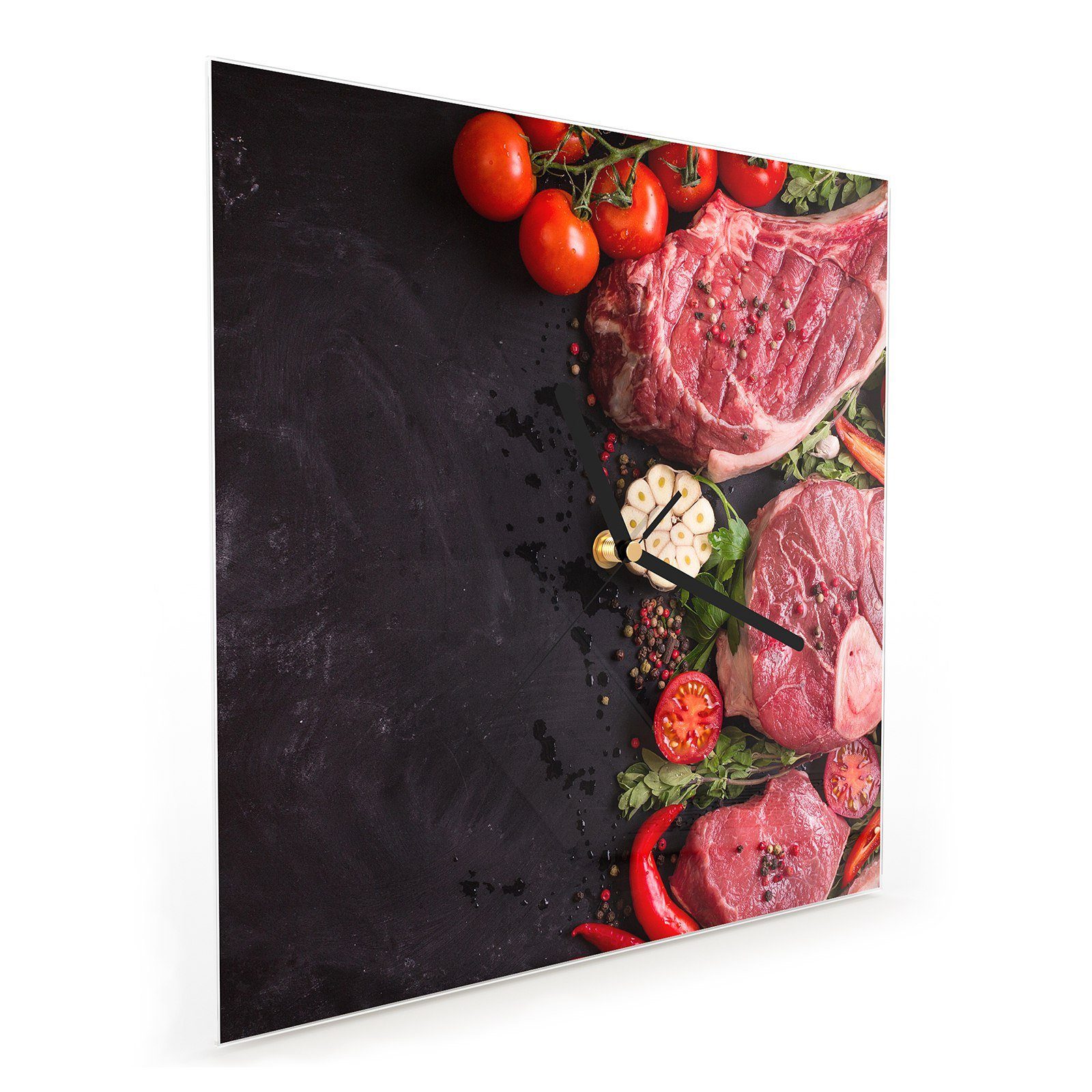 Primedeco Wanduhr Glasuhr Wanduhr Wandkunst 30 mit x Steak cm und Größe Motiv Gemüse 30