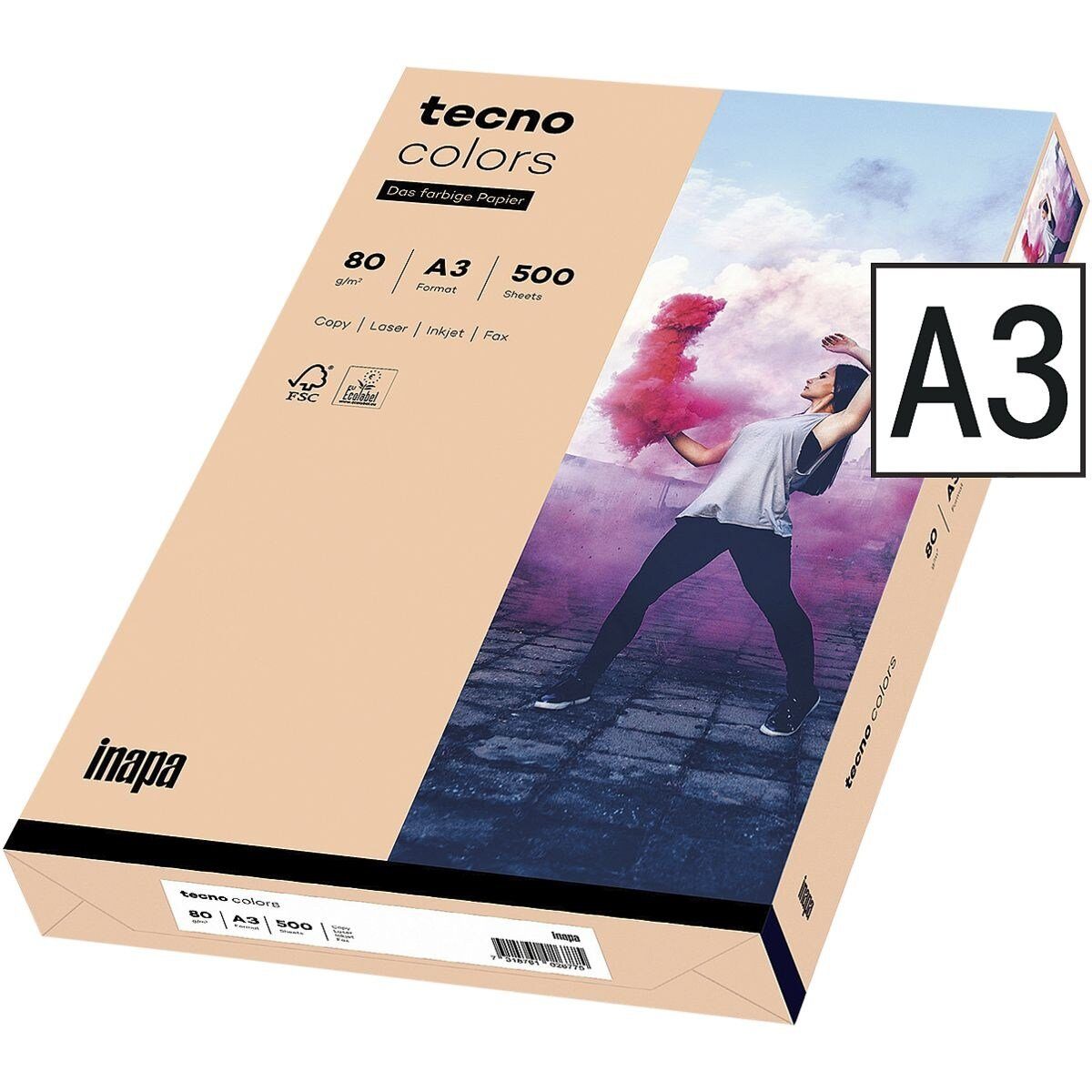 Inapa tecno Drucker- und Kopierpapier Rainbow / tecno Colors, Pastellfarben, Format DIN A3, 80 g/m², 500 Blatt lachs