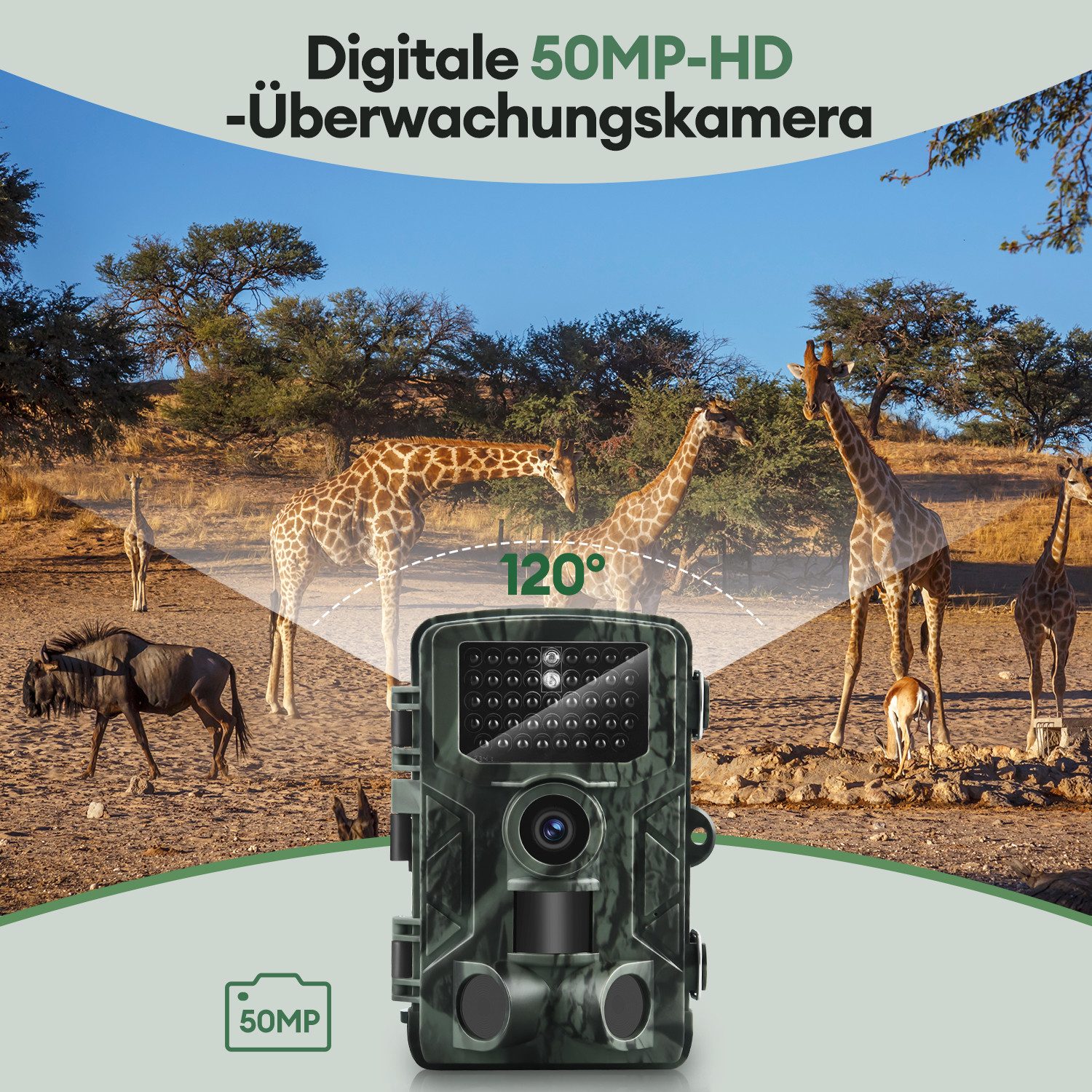 CkeyiN Wildkamera 4K Video Wildtierkamera, 50MP Full HD, 0,1s Auslösezeit & 32GB SD (Außenbereich, 120° Weitwinkel IP65 Wasserdicht)