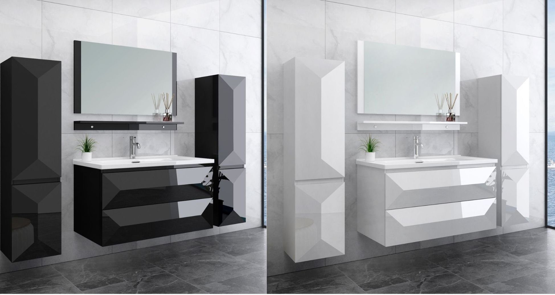 Faizee Möbel Badmöbel-Set Badmöbel Set vormontiert "Miran" Weiß/Schwarz Ker günstig online kaufen