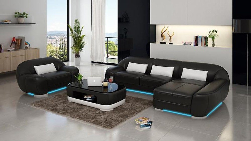 Ecksofa Schwarzes Ledersofa mit Sessel - Eckcouch Wohnlandschaft