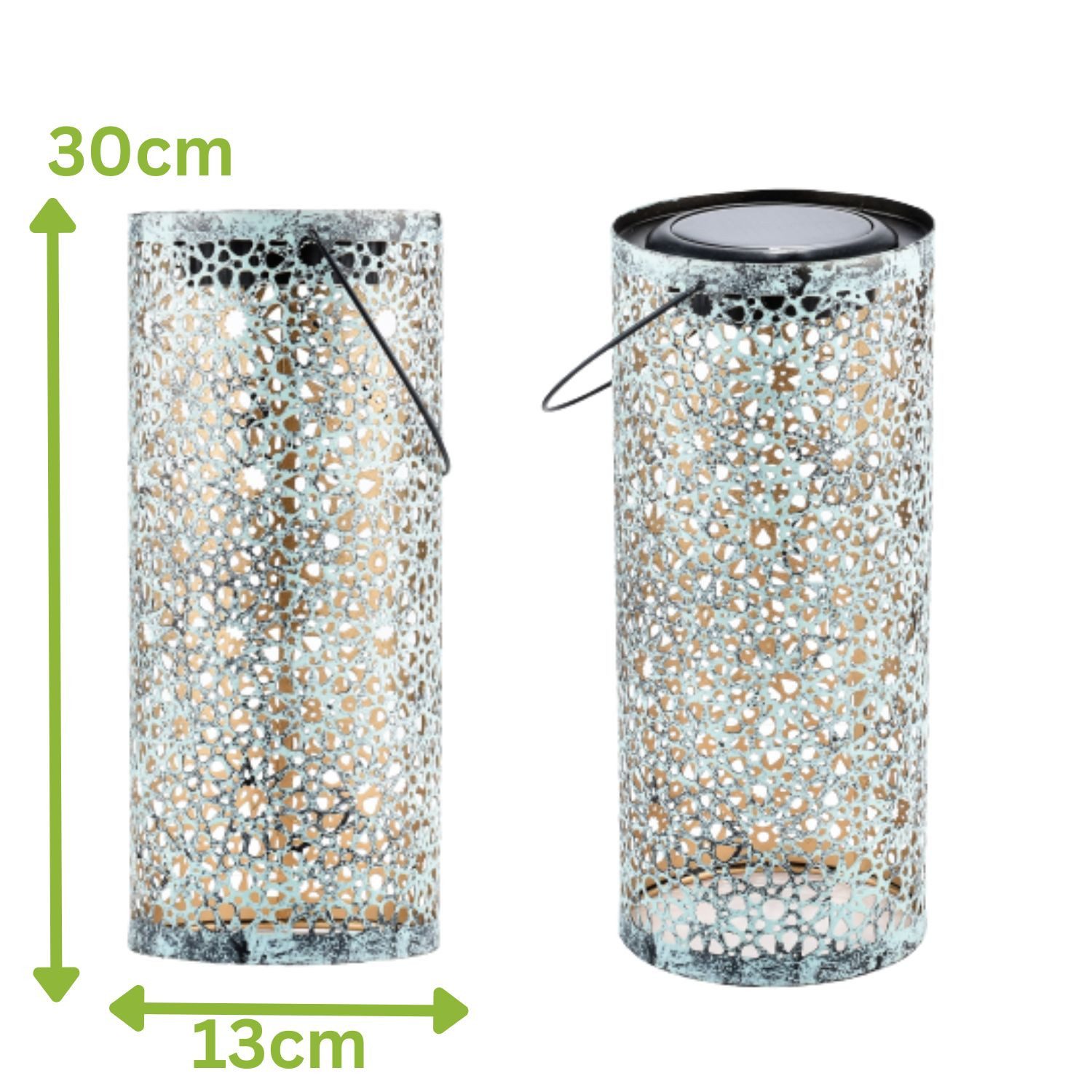 Marrakesch Orient & Mediterran Interior LED Solarleuchte Orientalische Solarlaterne Noum handgefertigt aus Metall in Grün 30 cm, LED fest integriert, Handarbeit