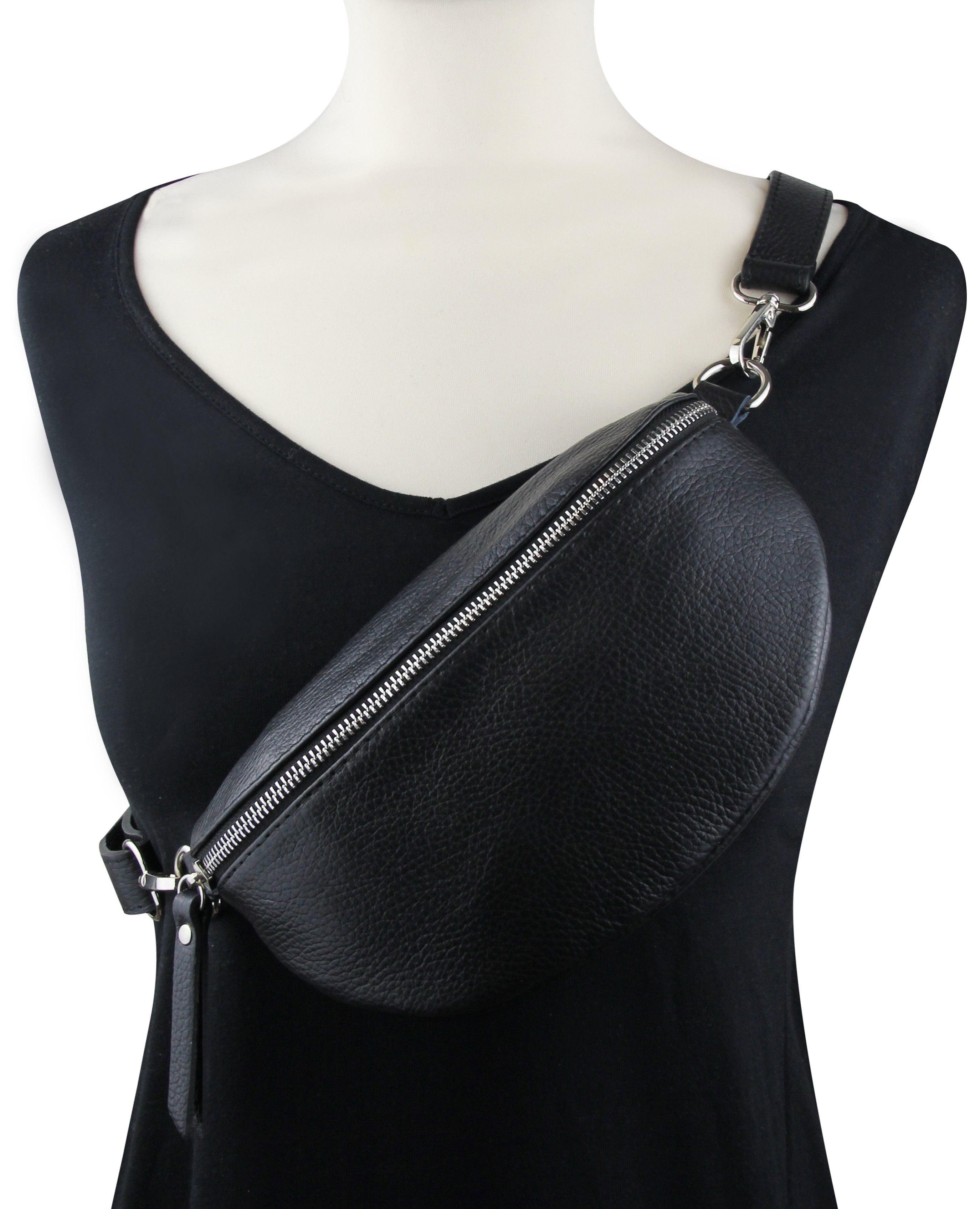 Frentree Umhängetasche Damen aus Echtleder, Made in Italy, Crossbody Schulter/Bauchtasche, mit silbernem Reißverschluss, verstellbarer Schulterriemen, Größe Min – Bild 2 von 5