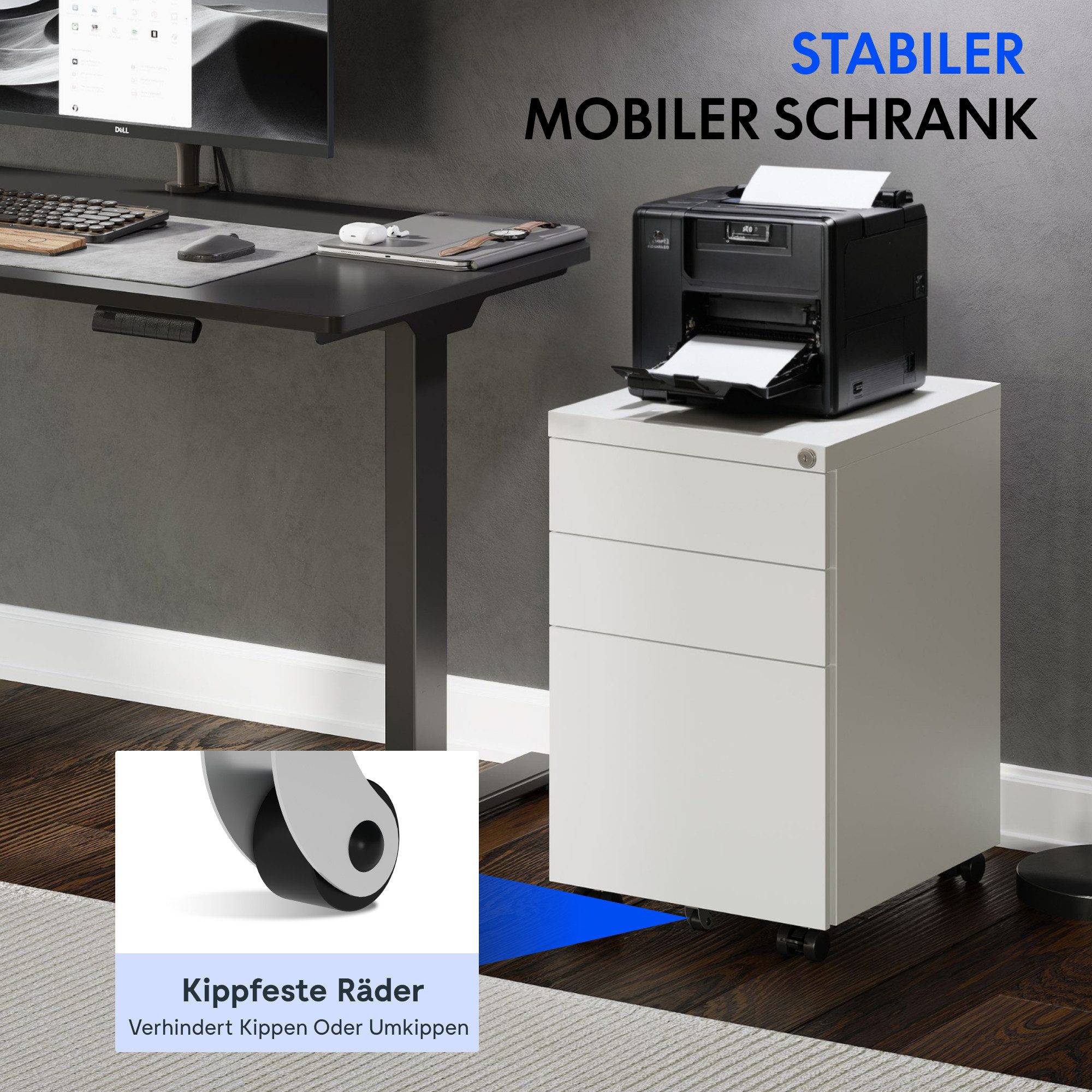 FLEXISPOT Rollcontainer Aufbewahrungsschrank, Büroschrank MIT Schloss, vormontiert, (inkl. 3 Schubladen, grundsolide Verarbeitung, Bürocontainer mit Schubladen für A4), optimal für Schreibtisch, Büromöbel, Aktenschränke, Büro-Rollcontainer