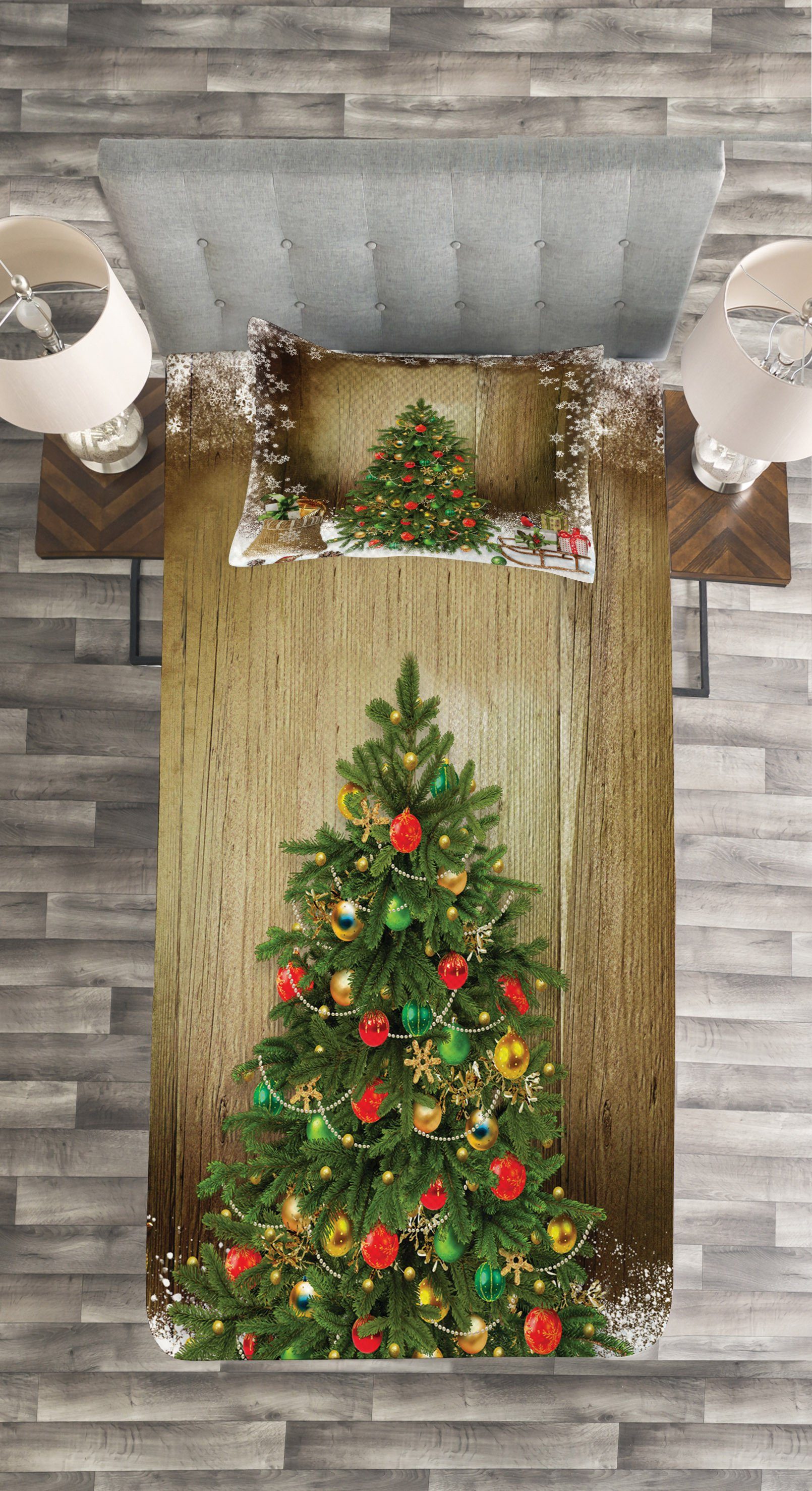 Waschbar, Set Abakuhaus, Weihnachten Tagesdecke Presents Kissenbezügen Pine mit Tree