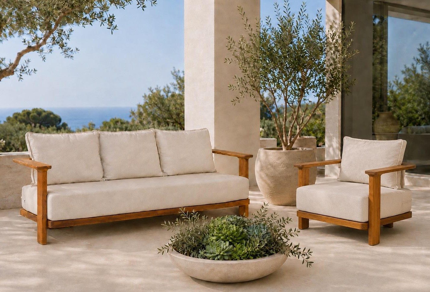 Xlmoebel Gartensofa Gartenlounge Set 3-Sitzer Sofa Sessel Beige Kissen Modern Neu, 2 Teile, Bequeme Polsterung