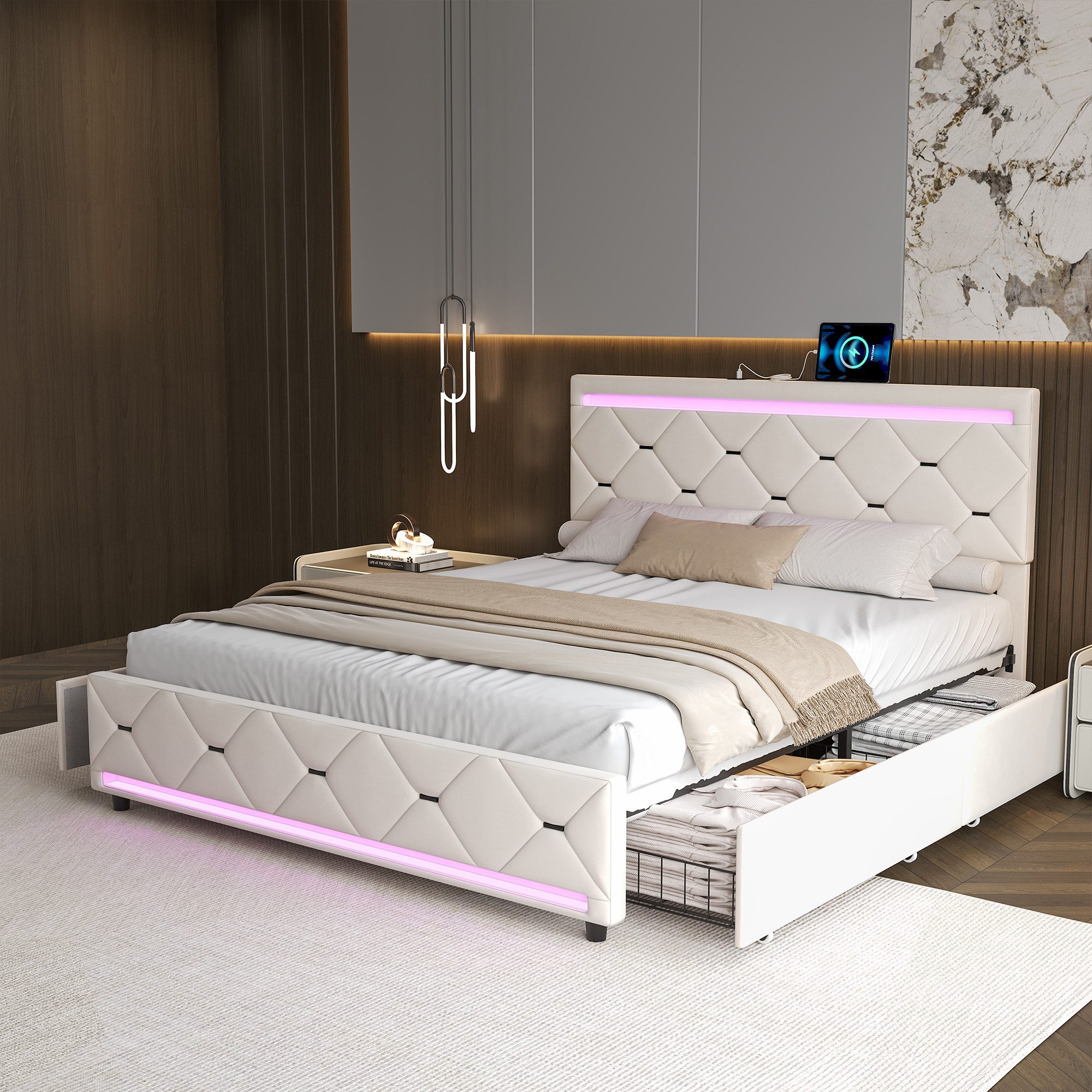 Gdood Polsterbett Stauraumbett Doppelbett LED USB günstig online kaufen