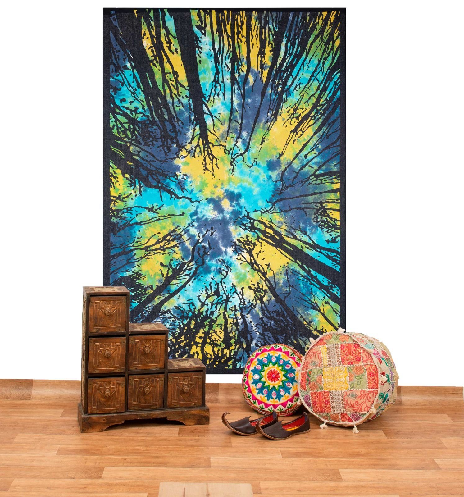 KUNST UND MAGIE Wandteppich Tagesdecke Wandbehang Deko Tuch Wald Bäume Zauberwald ca 135 x 200cm