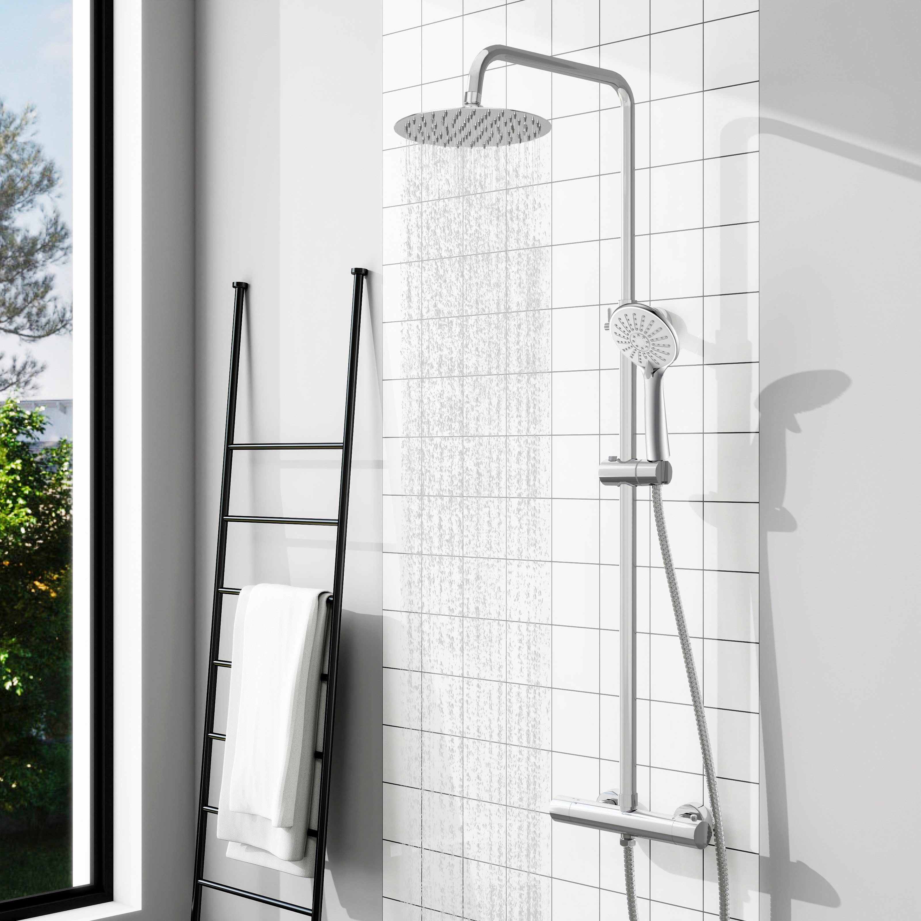 Aica Sanitär Duschsystem Thermostat Duscharmatur Regendusche Duschset mit Handbrause Massage, Set, Brauseschlauch mit Verdrehschutz