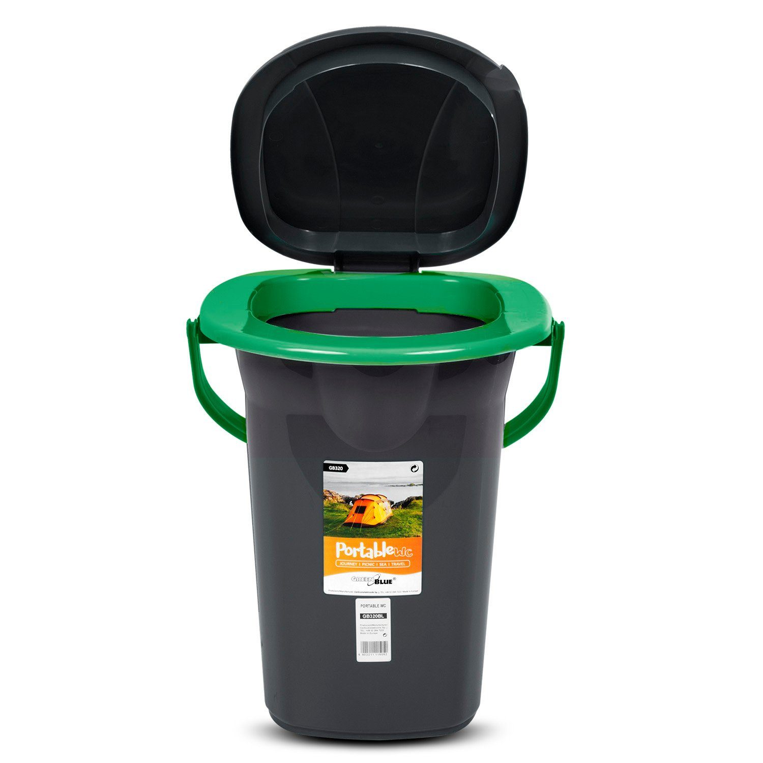 GreenBlue Campingtoilette GB320 Tragbarer Toiletten-Eimer mit Tragegriff 19L, Toilettenpapierhalter, Auskipp-Hilfe für Camping, Wohnwagen, Boot