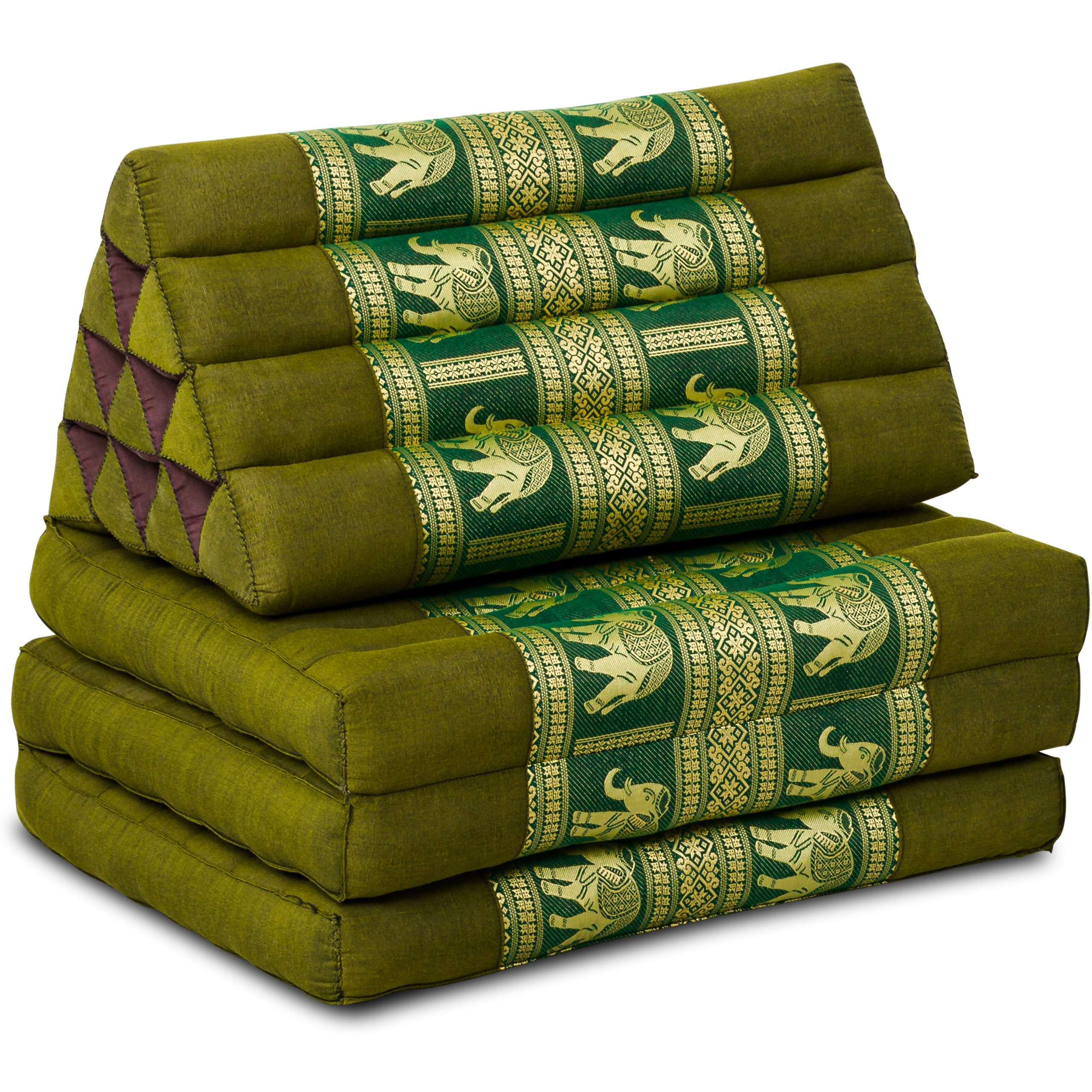 livasia Sitzsack »livasia Thaikissen 3 Auflagen Thaiseide I Dreieckskissen mit Klappmatratze I Rückenkissen faltbar I Thaimatte zum Klappen I Kapok handgefertigt I 175 x 55 x 8 cm (Grün / Elefanten Seide)«, Kapok, handgemacht