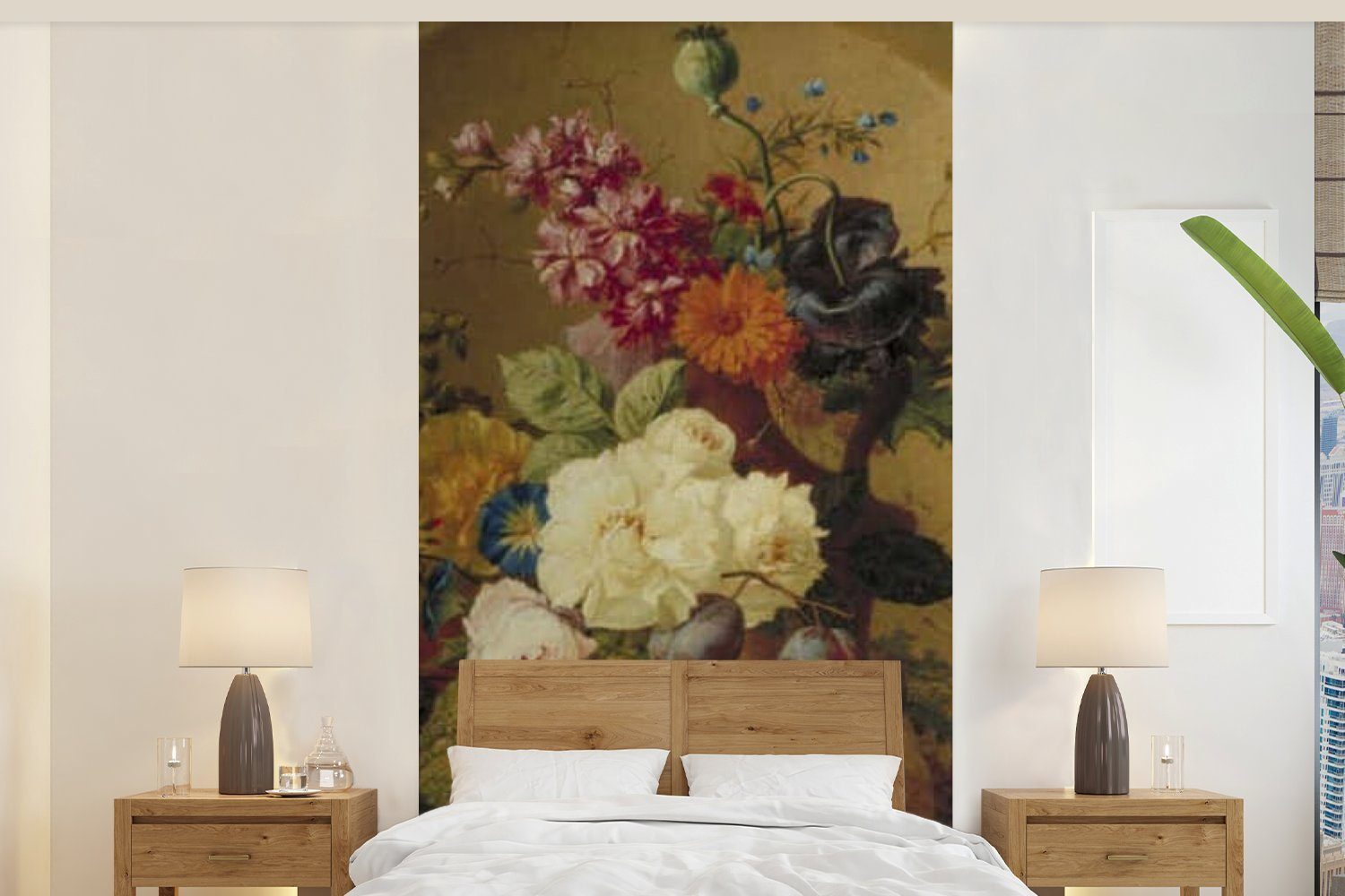 MuchoWow Fototapete Stilleben mit Obst und Blumen in einer Nische - Gemälde von G.J.J Van, Matt, bedruckt, (2 St), Vliestapete für Wohnzimmer Schlafzimmer Küche, Fototapete