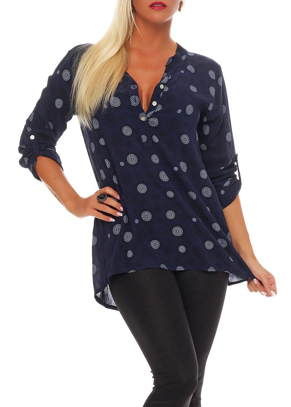 malito more than fashion Schlupfbluse malito Damen Bluse mit Print, Tunika mit ¾ Armen, Blusenshirt auch Bluse mit Kreis Blumen Print 3/4 Ärmeln Einheitsgröße