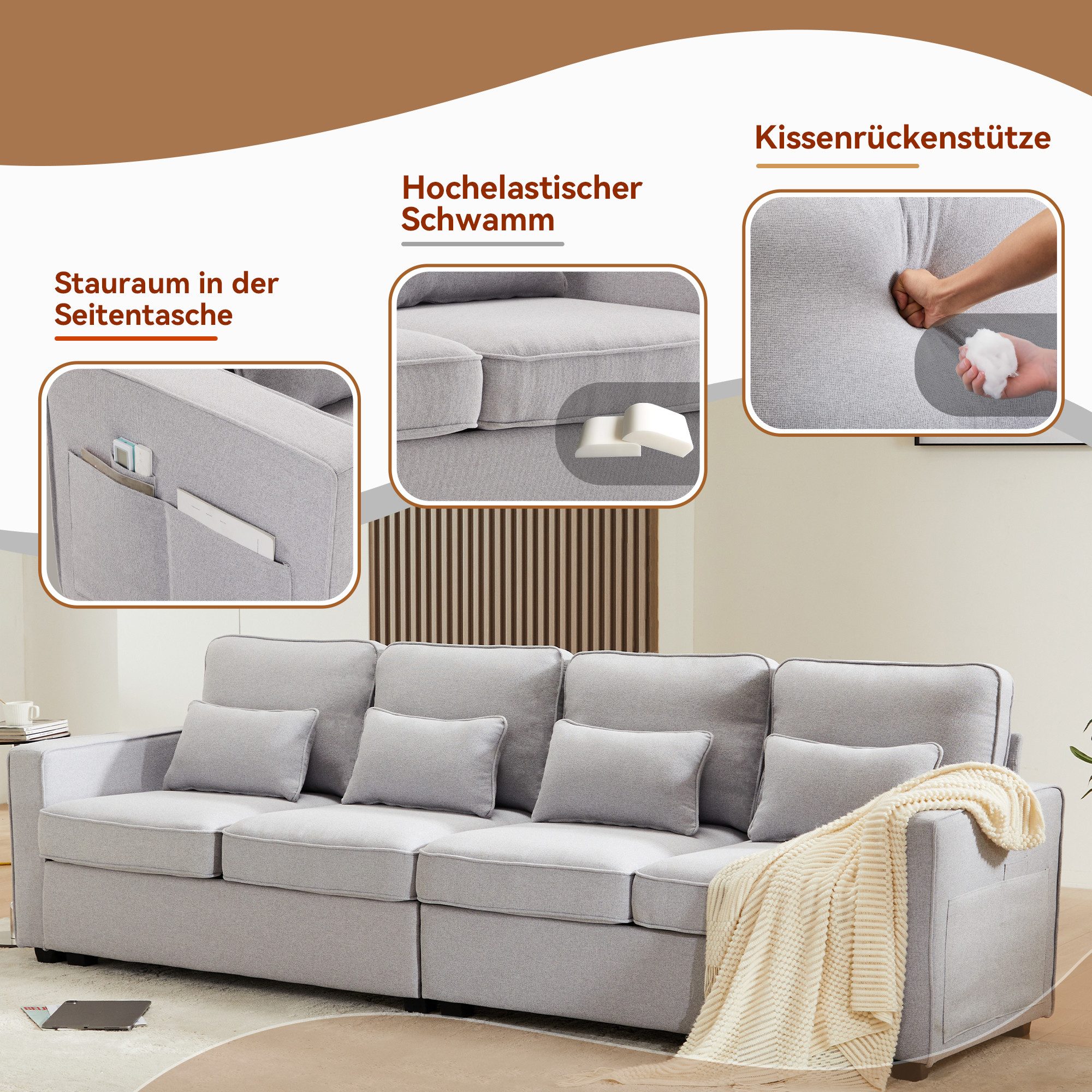 Merax 4-Sitzer mit Seitentaschen und Zierkissen, XXL-Sofa mit Leinenbezug,Chaiselounge,Polstermöbel