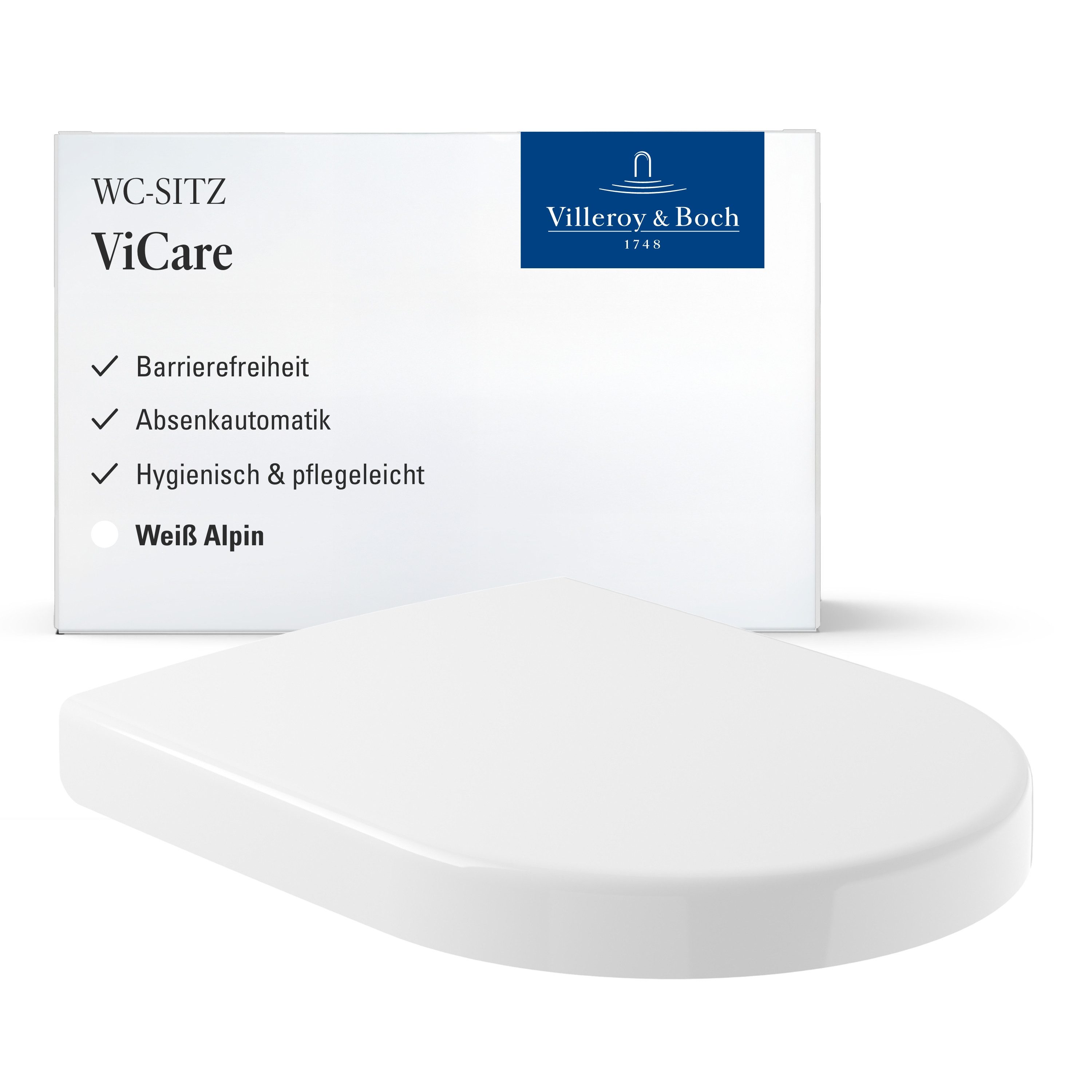 Villeroy & Boch WC-Sitz ViCare, Toilettendeckel mit Absenkautomatik, barrierefrei, D-Form, Weiß Alpin