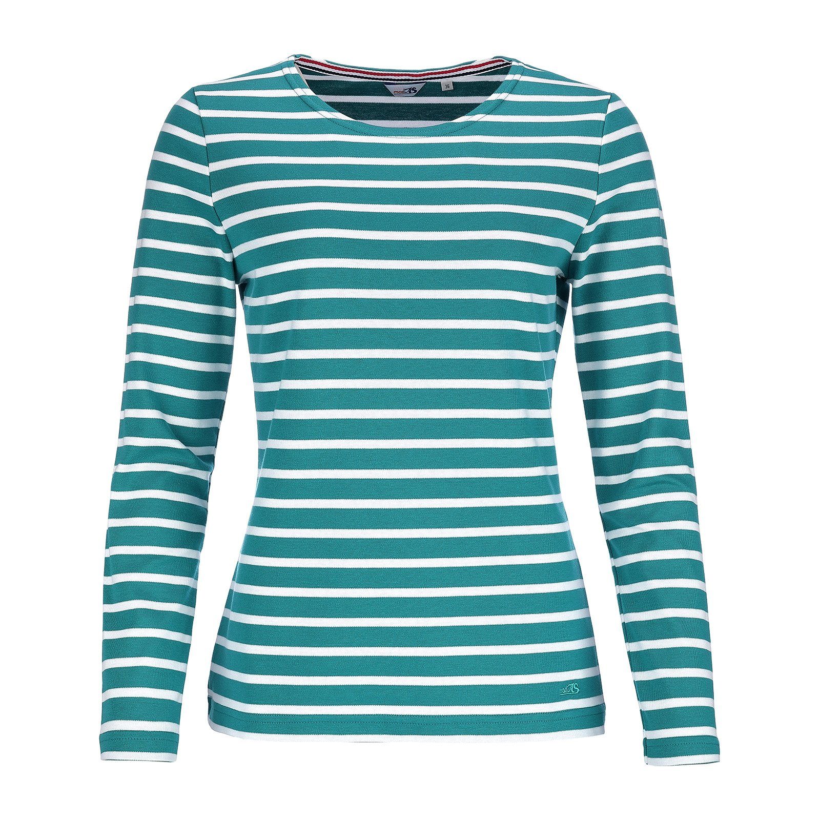 modAS Langarmshirt Damen Langarm-Shirt mit Streifen Bretonisches Streifenshirt Baumwolle (32) petrol / weiß