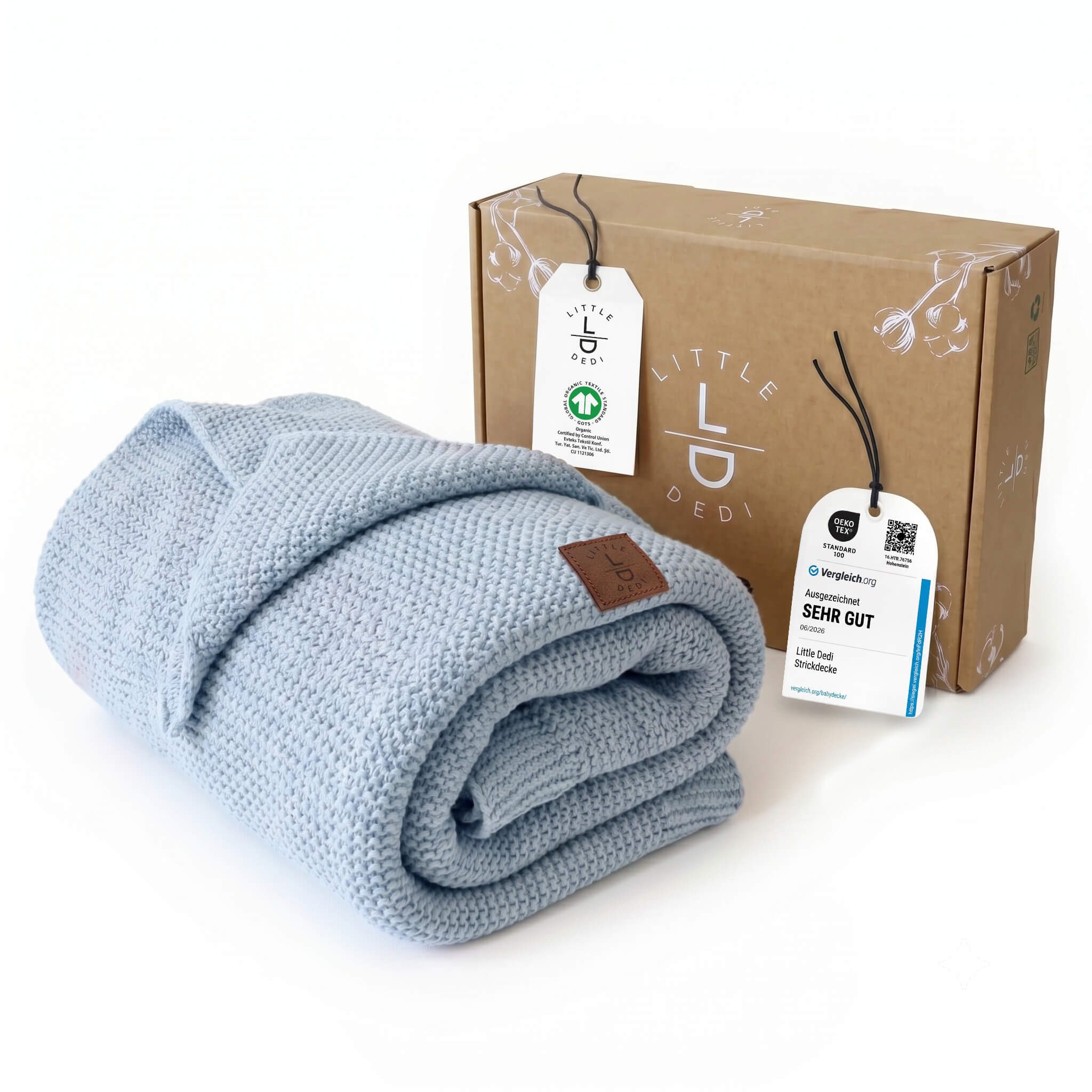 Babydecke Baby Strickdecke, %100 Bio Baumwolle, Atmungsaktiv, 80x100cm, Babyblau, Little Dedi