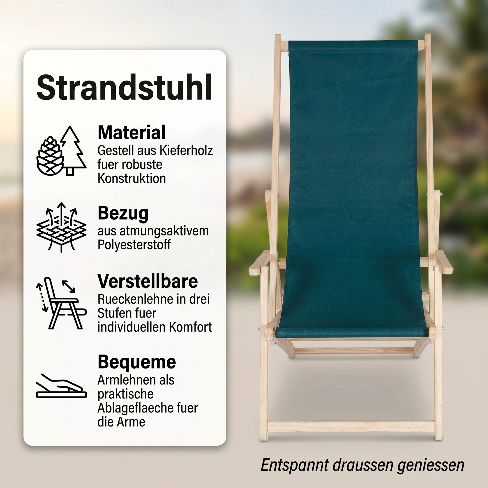 Mucola Gartenstuhl Strandliege Liegestuhl Gartenliege Sonnenliege Strandstuhl Balkonliege (Stück), Inkl. Sicherung gegen ungewolltes Zusammenklappen