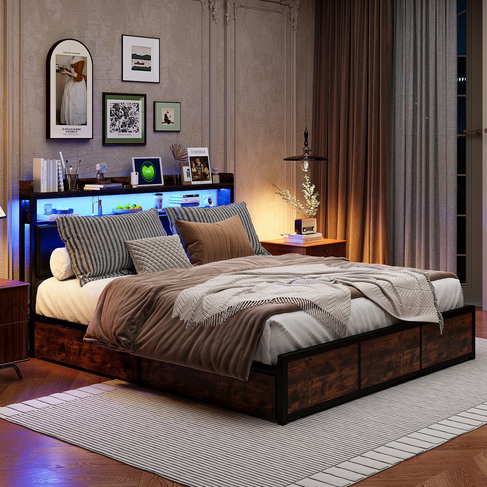 PXloue Polsterbett LED Doppelbett Metallbett Massivholzbett, Stauraumbett,M günstig online kaufen