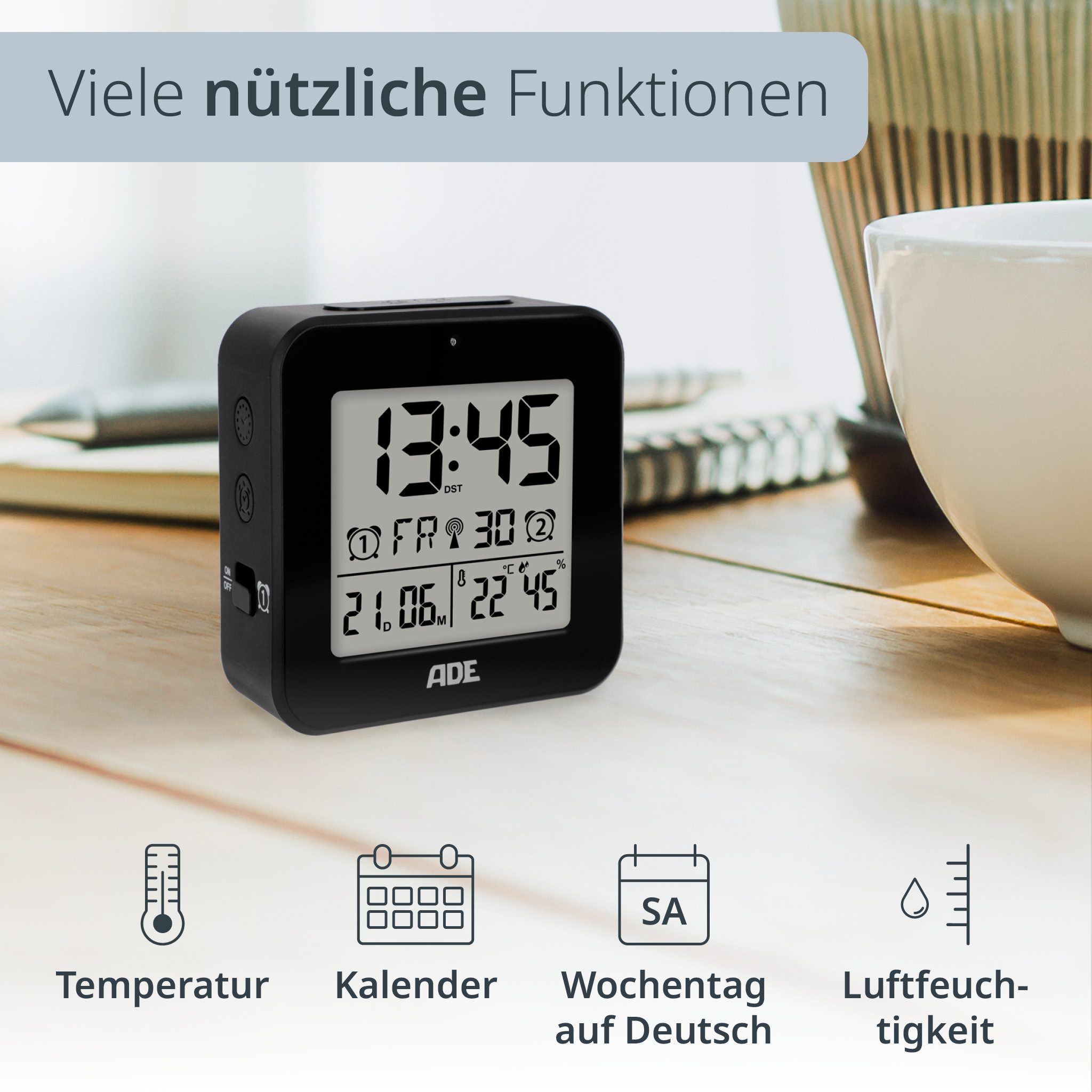 ADE Funkwecker Wecker digital funk mit Temperatur und Luftfeuchtigkeit auto günstig online kaufen
