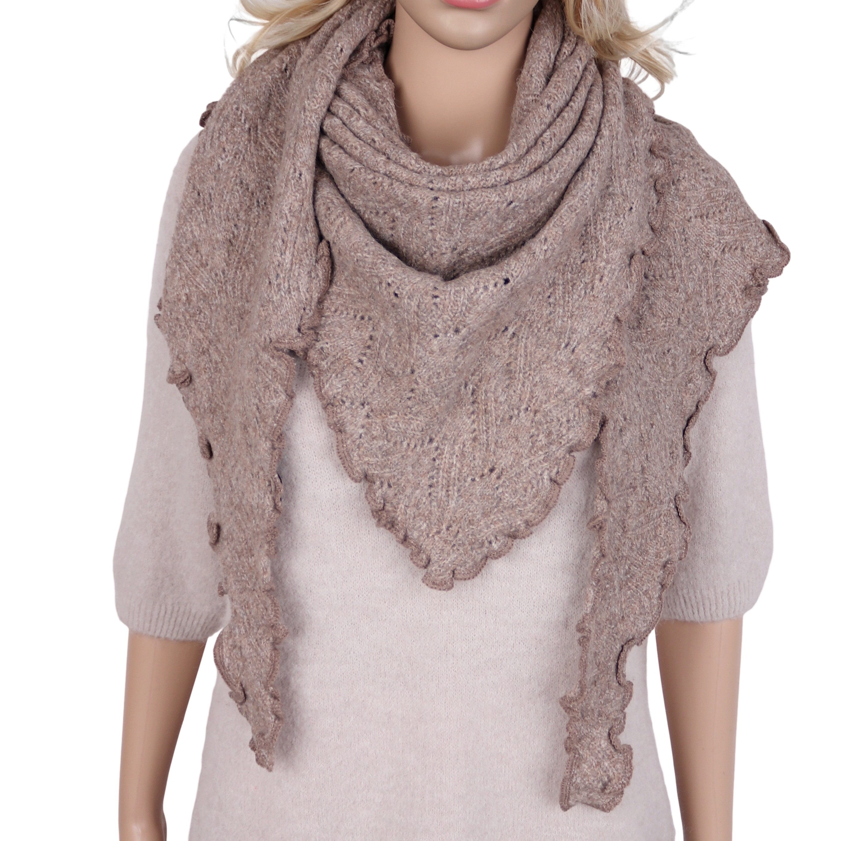 MIRROSI Dreieckstuch Damen Strickschal 90x20 cm, weicher Wollschal mit Rüschenkante, warmer Kurzschal für Herbst & Winter