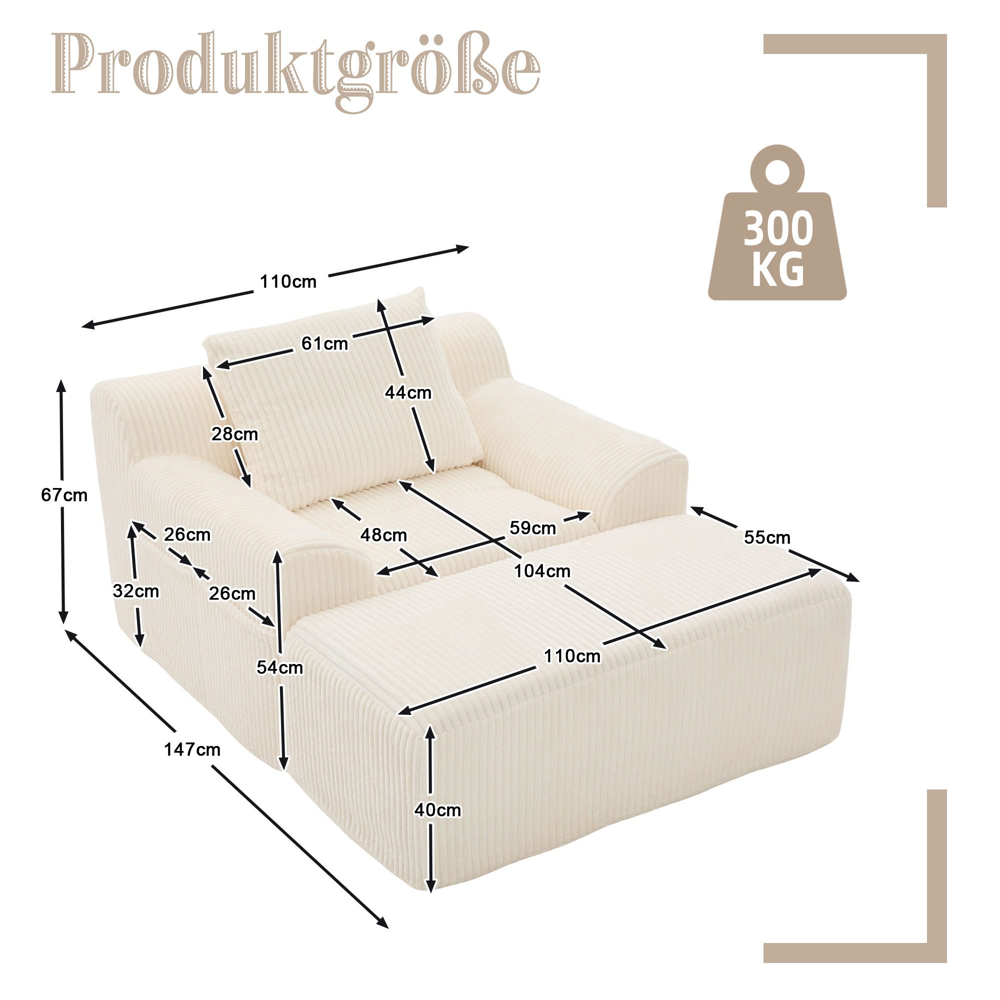 KLAM HOME Sessel Übergroßer Sofasessel mit Steigbügel (Lesesessel aus weichem Kordsamt mit Seitentaschen), Tiefsitzender Komfortsessel ohne Montageaufwand