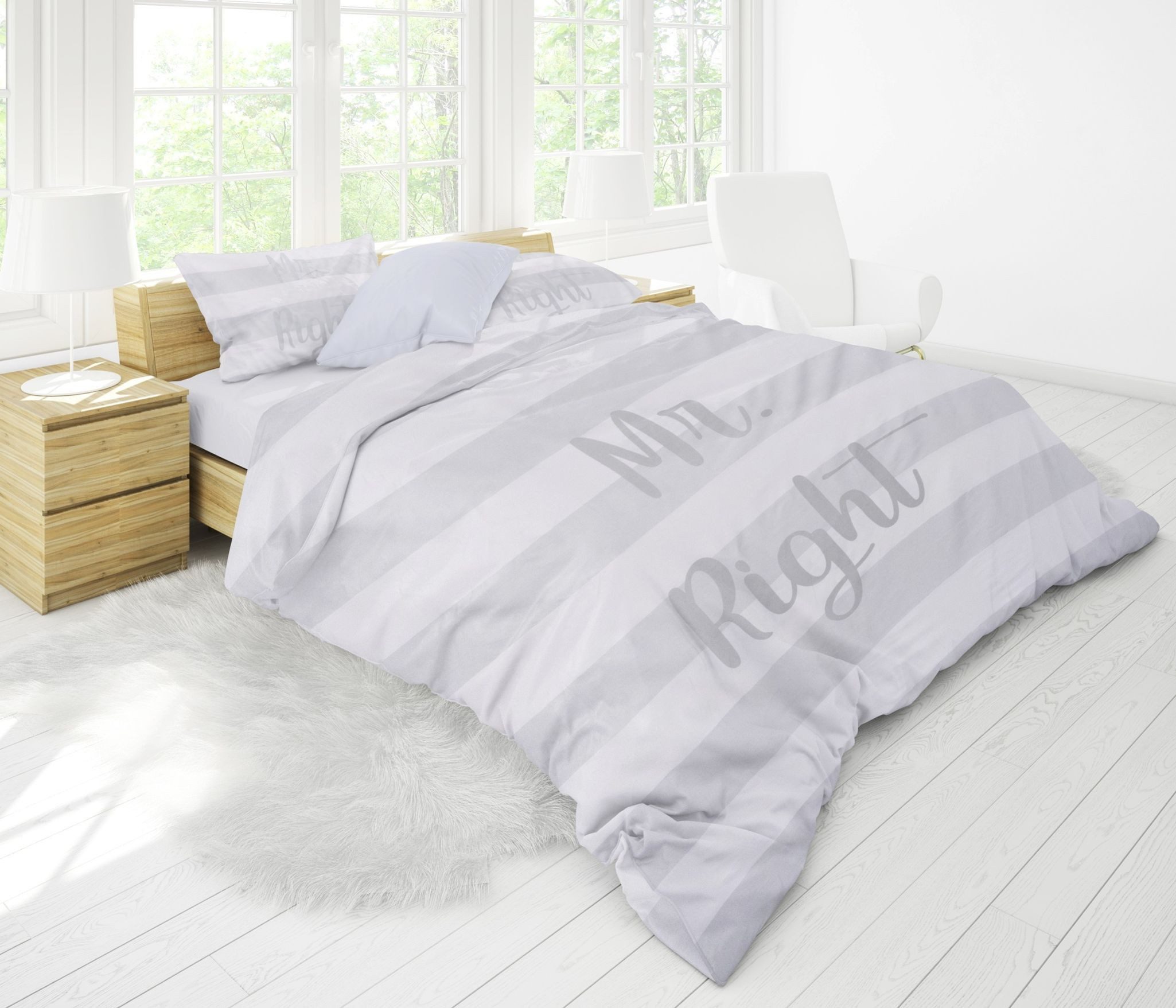 JACK Bettwäsche 4 tlg Satin Bettwäsche Partnerbettwäsche Mr. Right + Mrs. always Right, Satin, 4 teilig, Modernes Design, Kuschelbettwäsche, Silber / Grau / Weiß