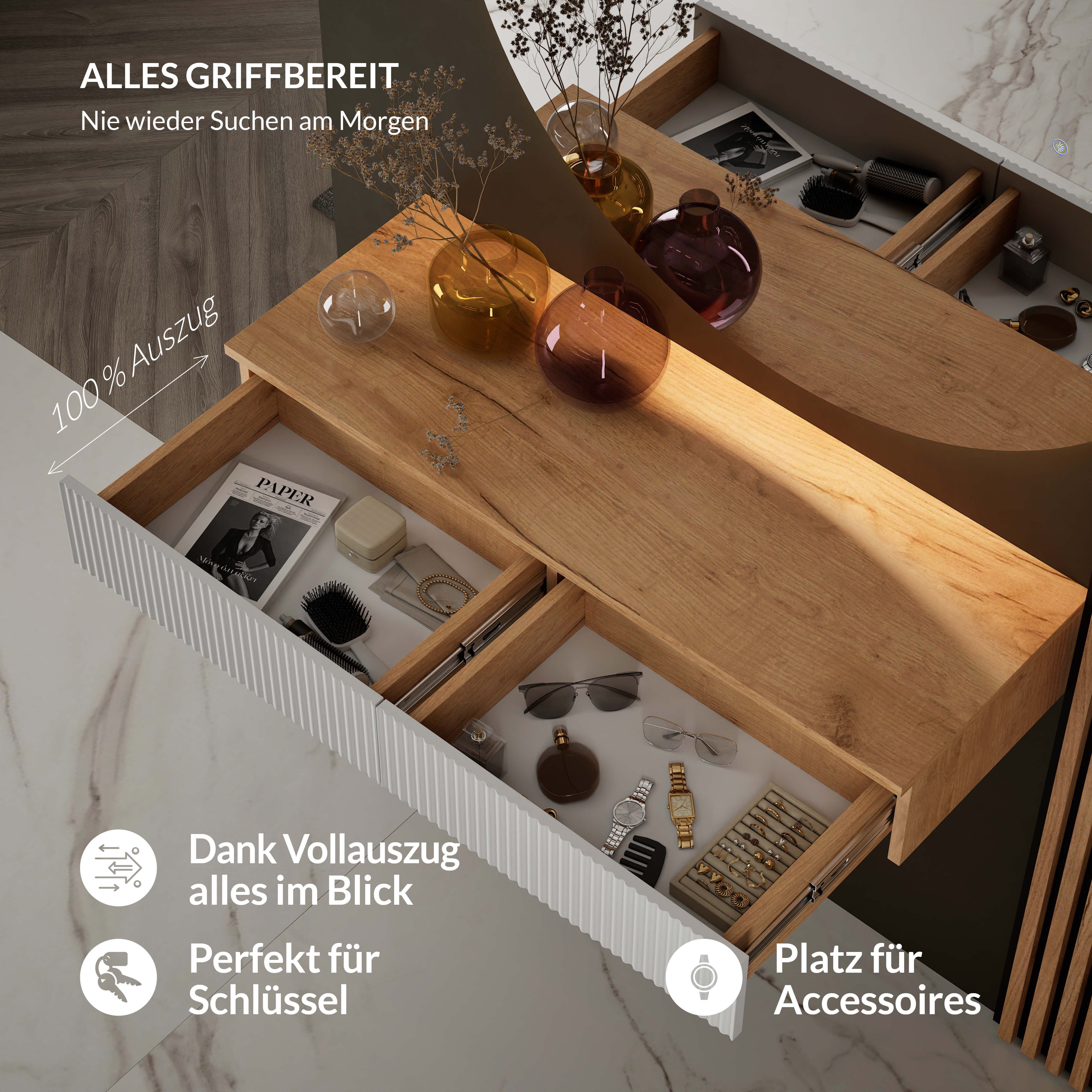 Planetmöbel Konsolentisch AMYRA Flurtisch mit Schublade (Wandmontage, 100 x 16 x 35 cm, 1-St., Gold Eiche - Weiß), Wand-Konsole für Garderobe, Flur und Schminktisch