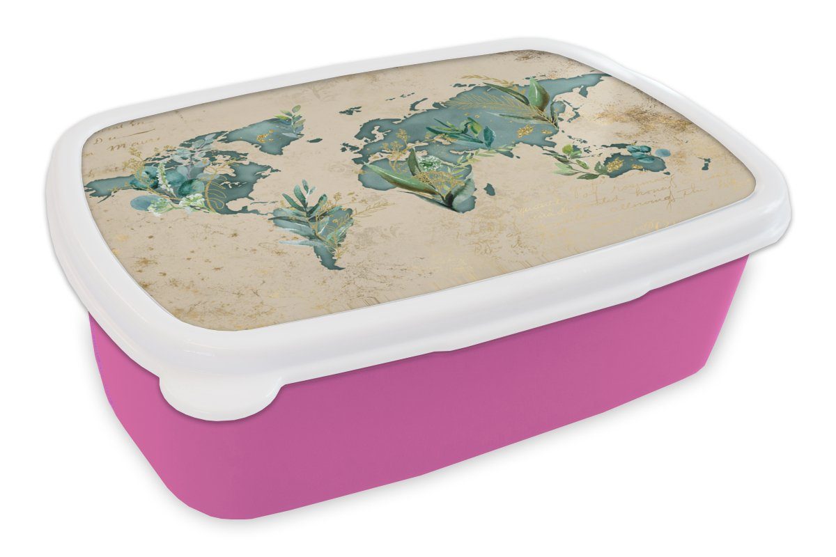 MuchoWow Lunchbox Weltkarte - Papyrus - Vintage, Kunststoff, (2-tlg), Brotbox für Erwachsene, Brotdose Kinder, Snackbox, Mädchen, Kunststoff rosa