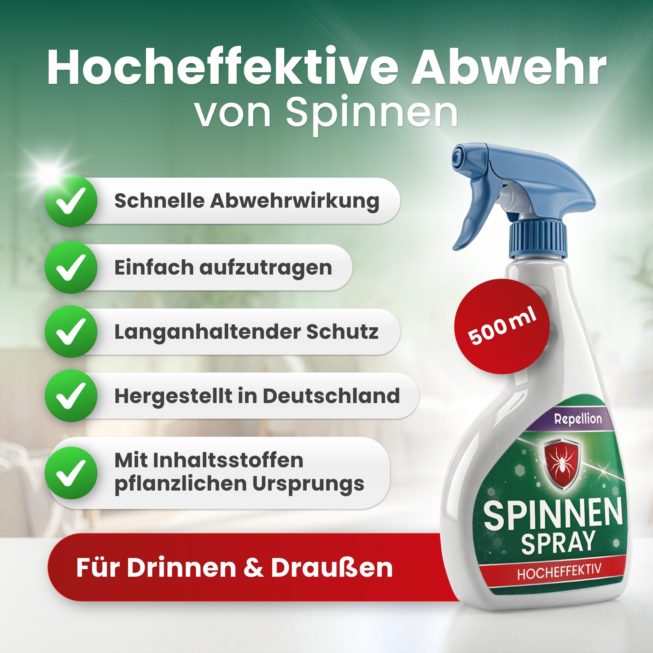 Repellion Insektenspray Spinnenspray, Mittel gegen Spinnen, Abwehrspray mit Fernhaltewirkung, 500 ml, wirkt in Minuten, Innen & Außen, Fenster & Balkon, Made in – Bild 2 von 5