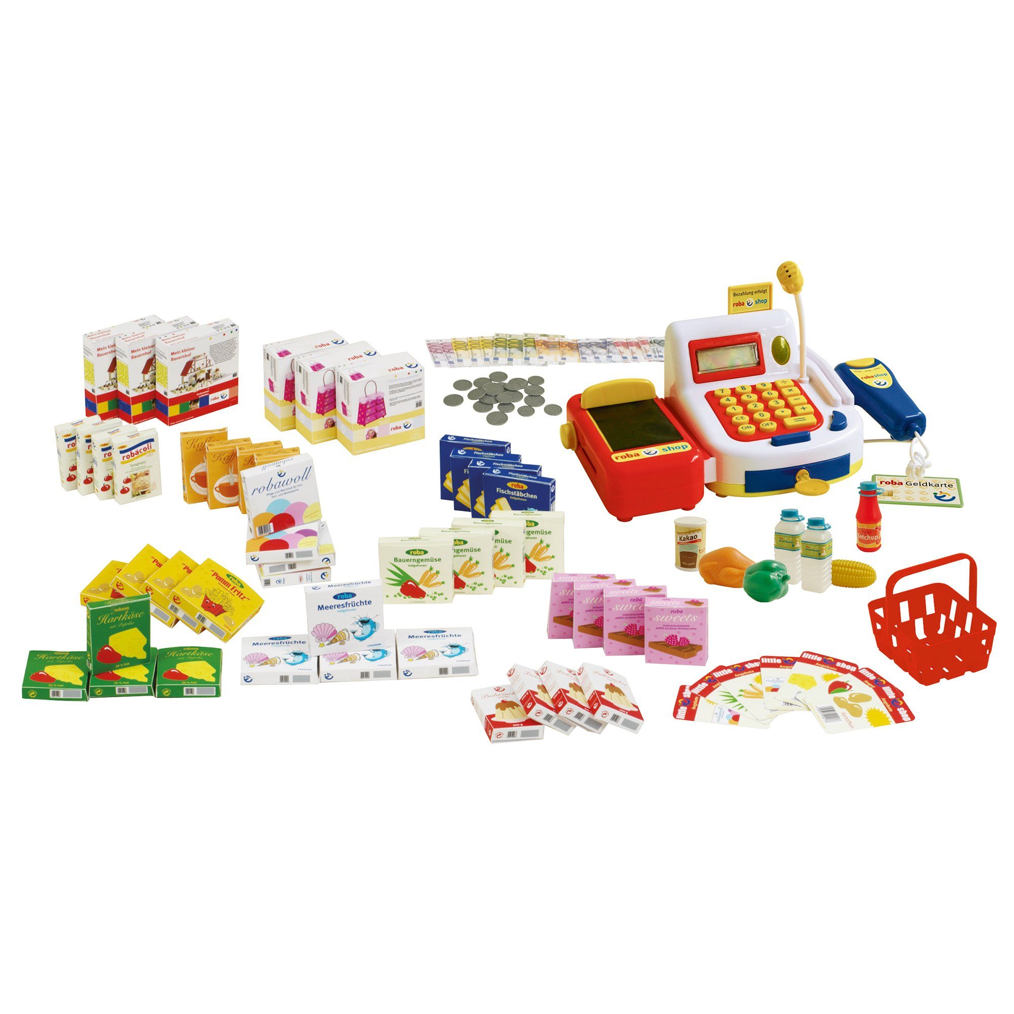 roba® Kaufladen Verkaufsstand, mit 4 Schubladen, Uhr, Tafel, Theke & Seitentheke