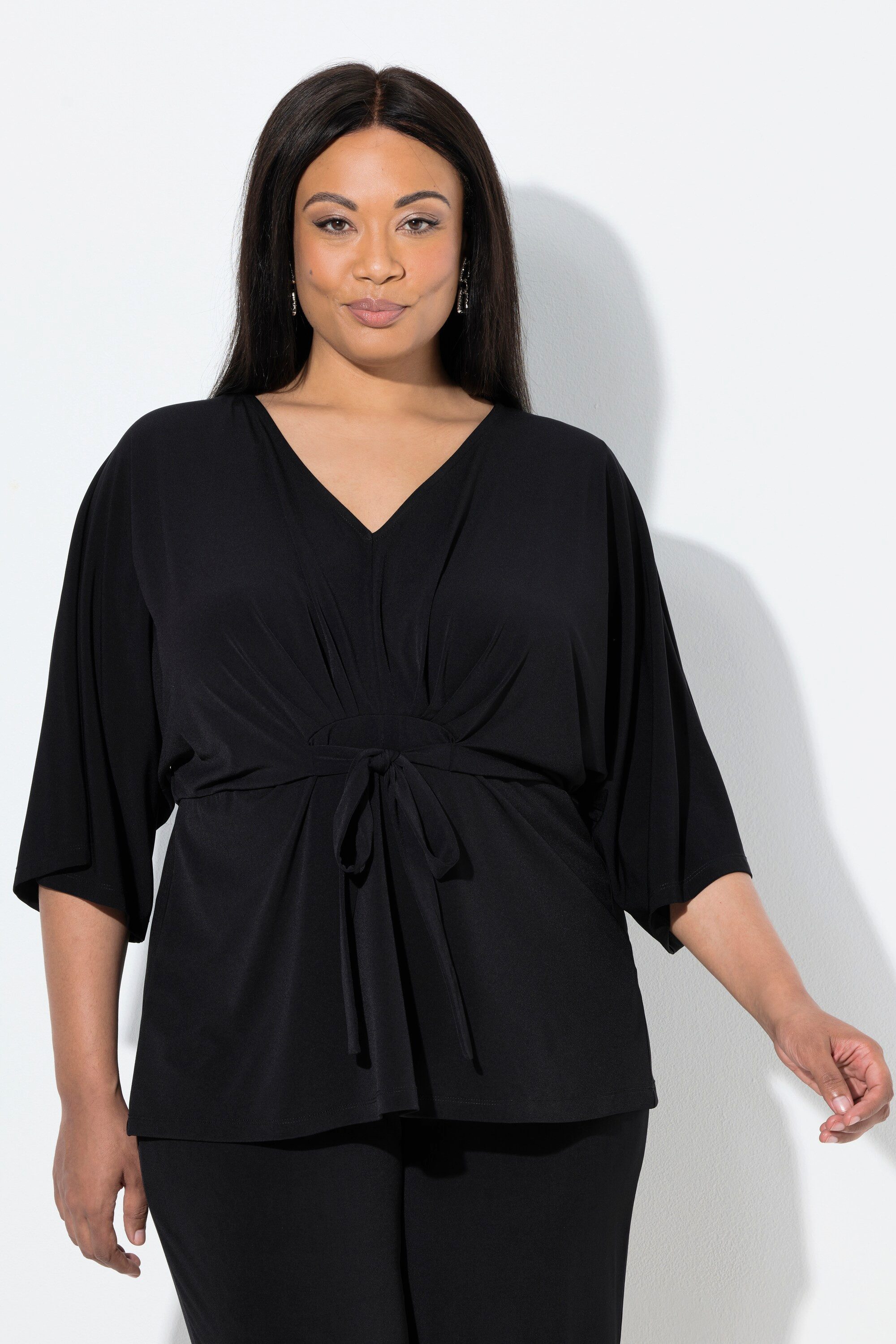 Ulla Popken Longtop Kimono-Shirt Bindegürtel V-Ausschnitt 3/4-Arm