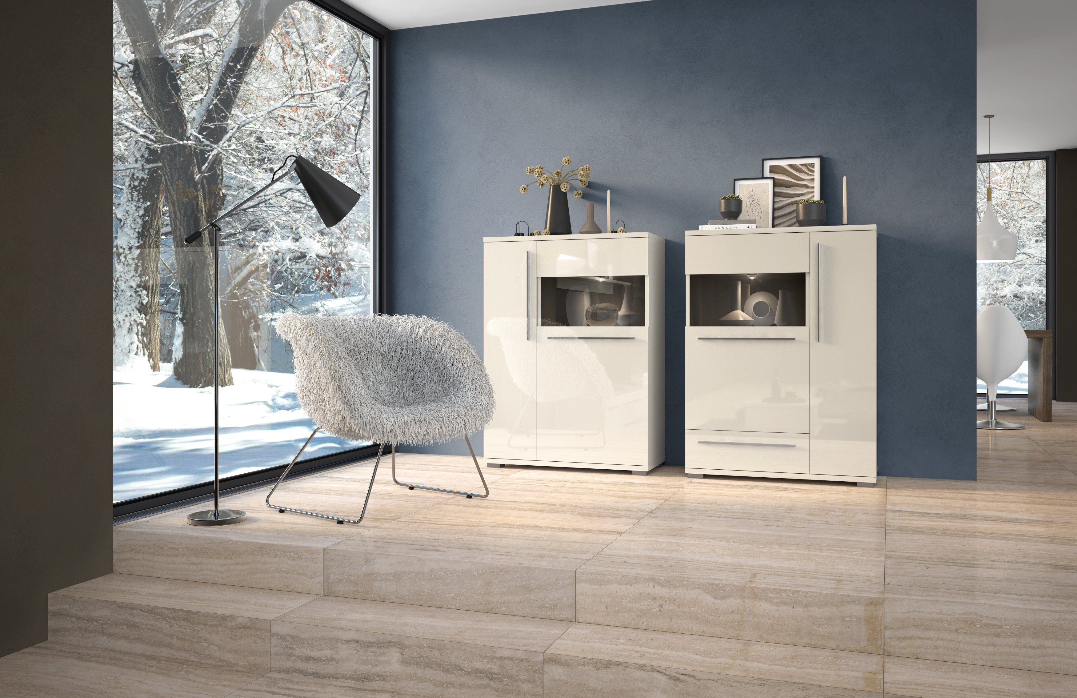 preispolitik lackiert, Piano Hochglanz Funktion | Vitrine Soft-Close Hochglanz Places Style Beige UV Beige of