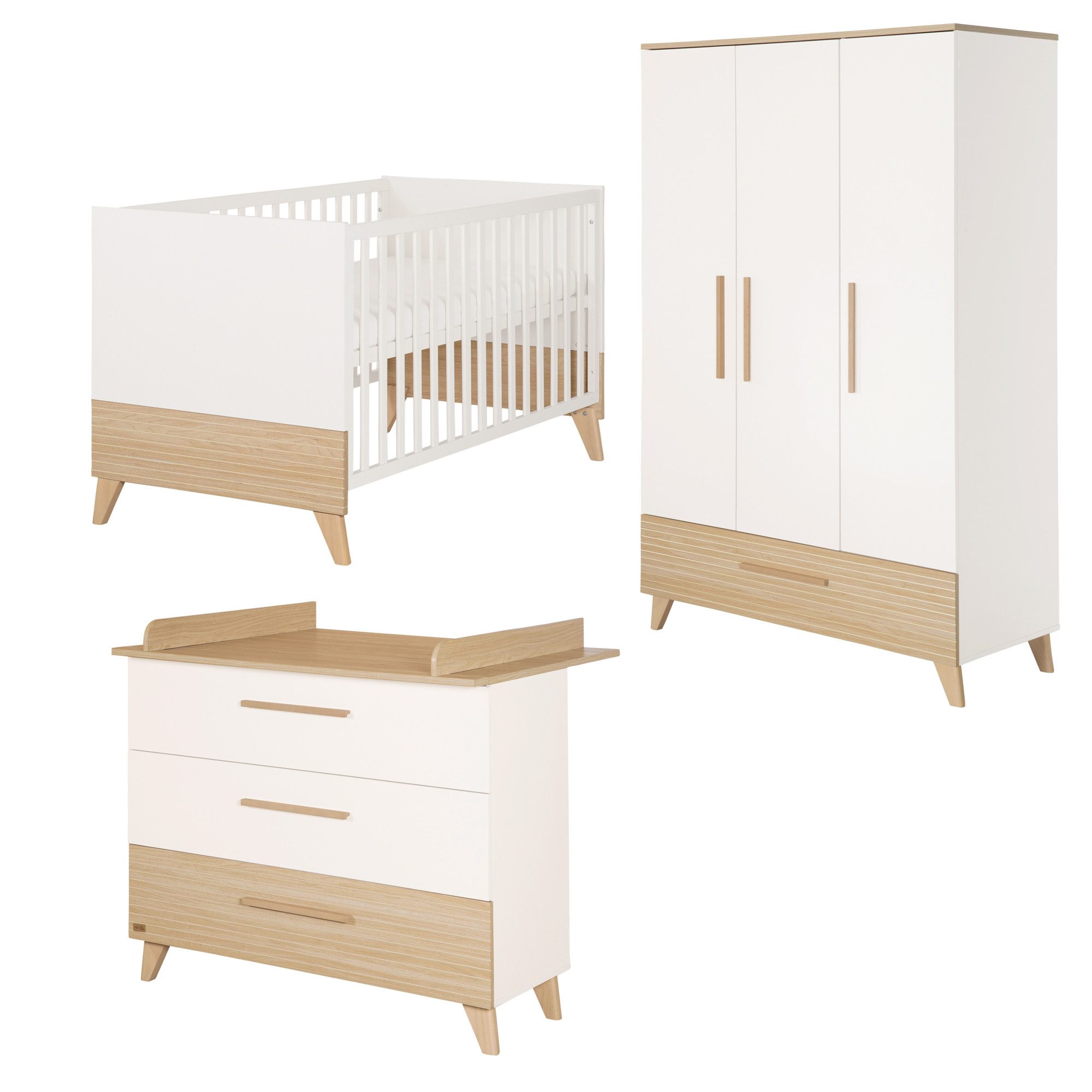 roba® Babyzimmer-Komplettset Theo - modernes Kinderzimmer in Weiß und Ulme - Holz, (Komplett-Set, 3-tlg., Babybett 70 x 140 cm, Wickelkommode, Kleiderschrank), Griffe & Füße aus Massivholz - Mit hochwertigen Fräsungen im Holz