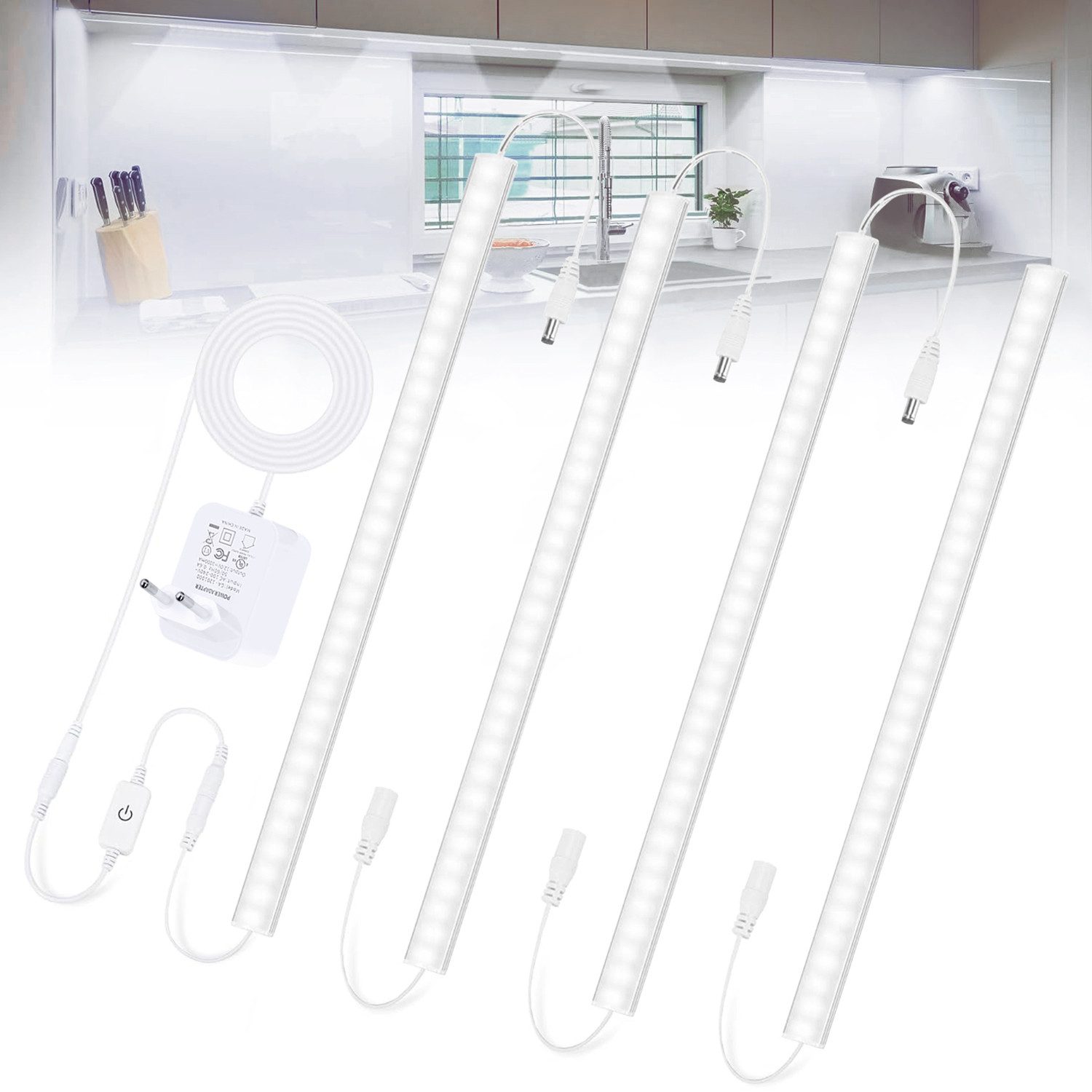 Jibenhome LED Lichtleiste LED Unterbauleuchte Ultrafein LED Lichtleisten mit Dimmbar Schalter, 4 Stück, Kaltweiß, LED fest integriert, Küchenleuchte Stripes für Küche Schrank