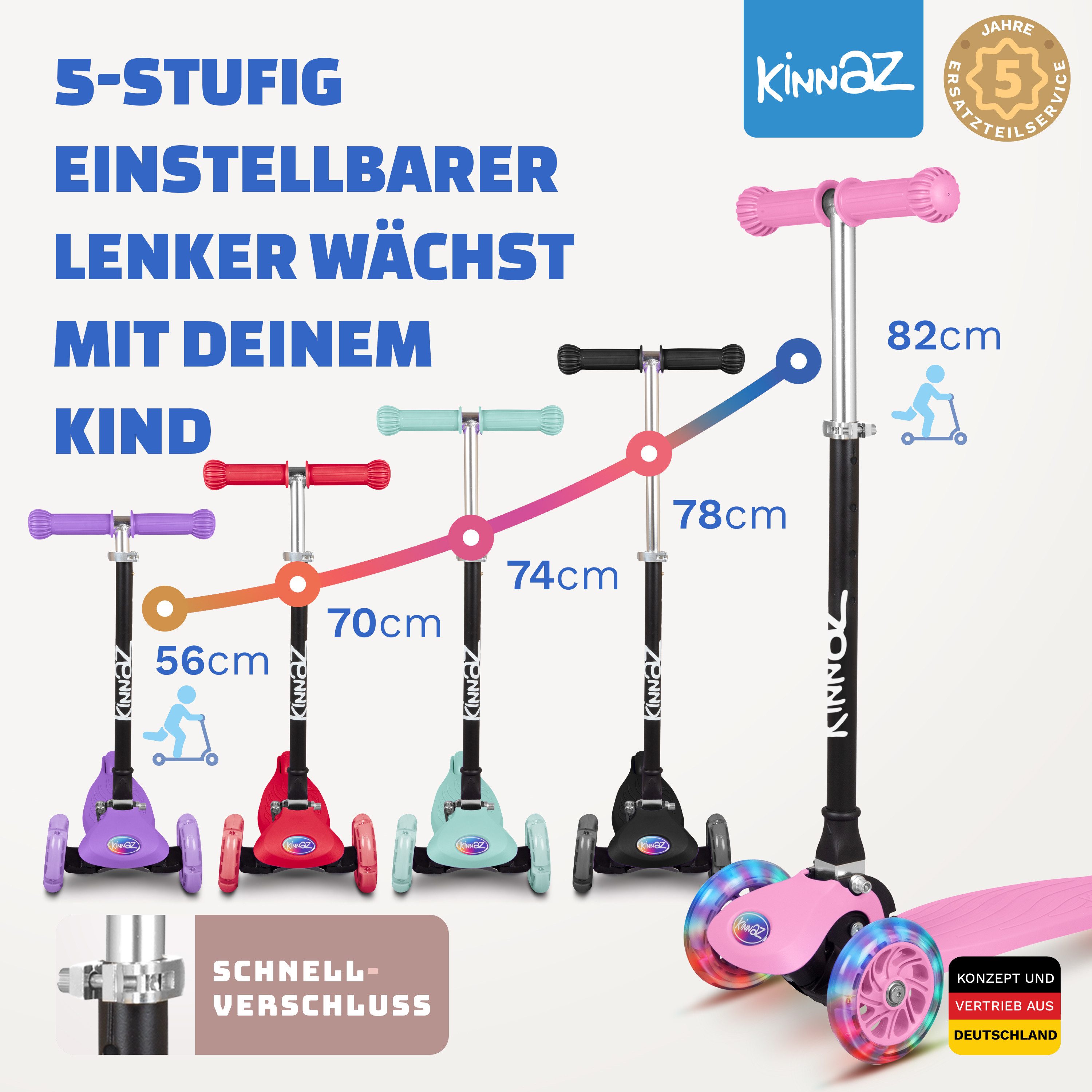 KINNAZ Dreiradscooter ab 2 Jahre LED, faltbar, Höhe flexibel, Kinderoller, Scooter, Roller, (Kinderroller, kinnaz ONE), Händler aus Hamburg – Bild 2 von 5