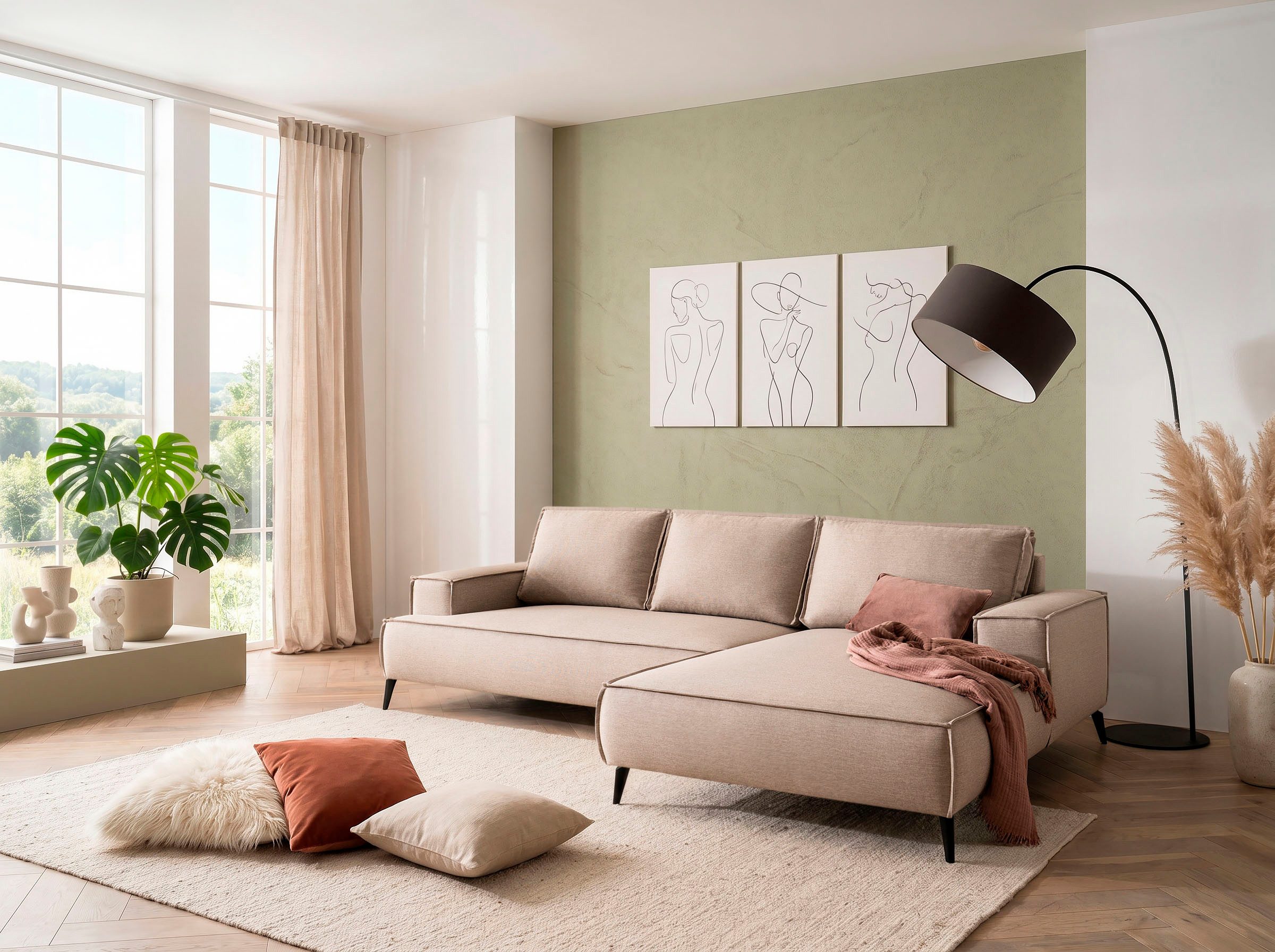 OTTO home Ecksofa TVINNU Leinenoptik, L-Form, Breite 275 cm, wahlweise Recamiere rechts/links, schwarze Füße, bequemer Sitzkomfort