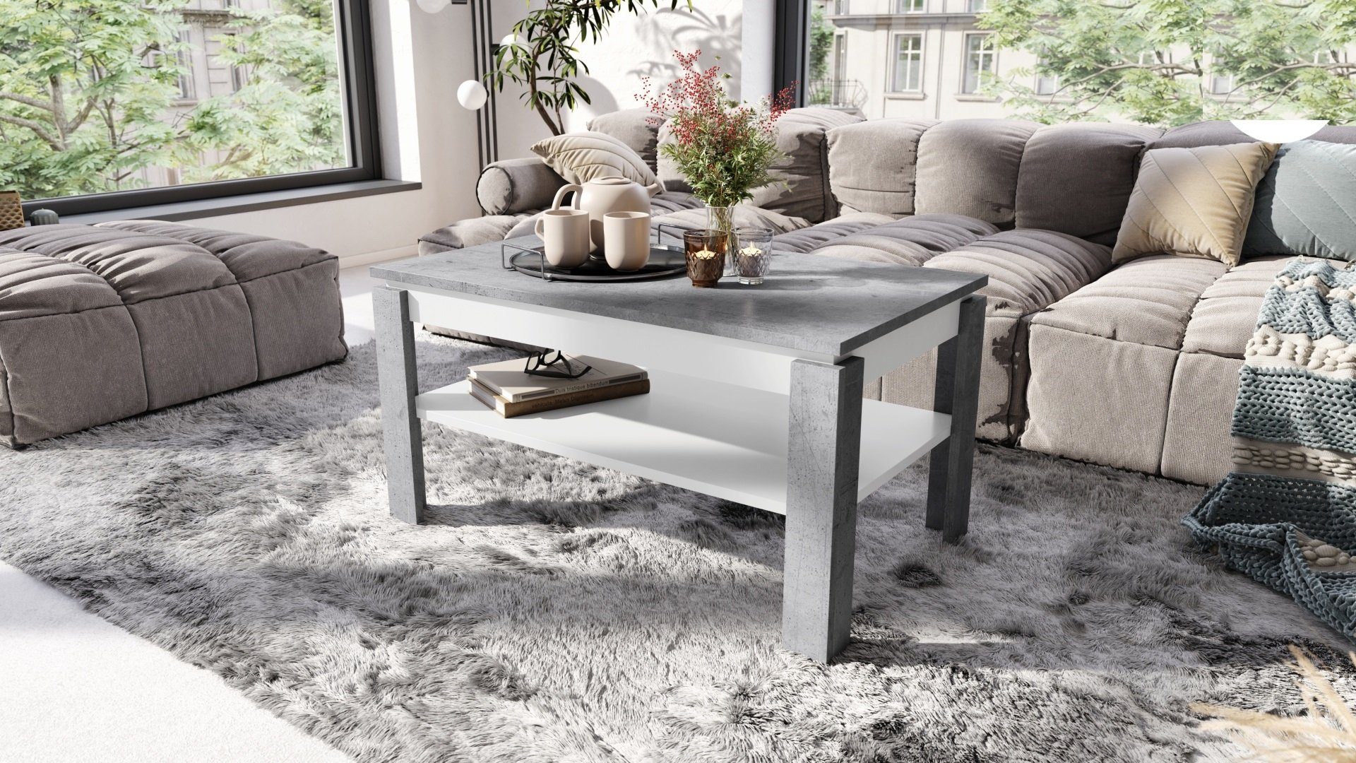 Tisch designimpex Couchtisch Weiß matt Esstisch Design ausziehbar Ablagefläche mit Asti-R / Beton Couchtisch