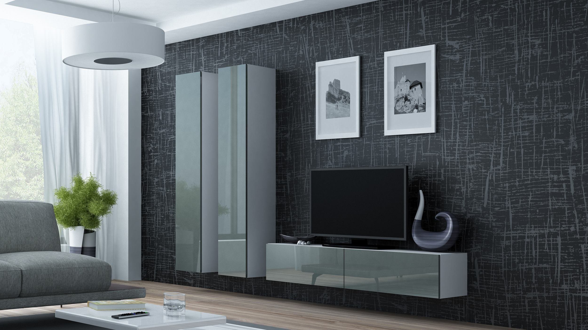 Stylefy Wohnwand Vago IX, (Set (3-St), Wohnmöbel, Wohnzimmer-Set), bestehend aus 1xLowboard und 2xHängeschrank, Hochglanzfronten, mit Push-to-Open, Modern Design Weiß Matt - Grau Hochglanz