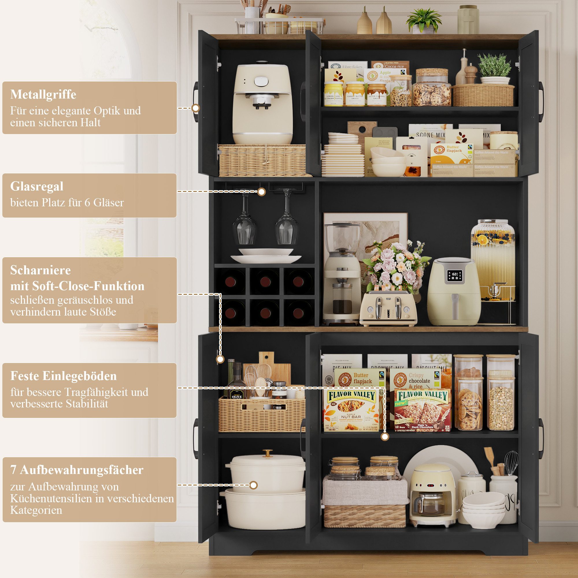 HOMECHO Küchenbuffet Küchenschrank mit Arbeitsplatte Buffetschrank mit 6 Türen Flaschenhalter und Glashalter 180x106x37cm – Bild 4 von 5