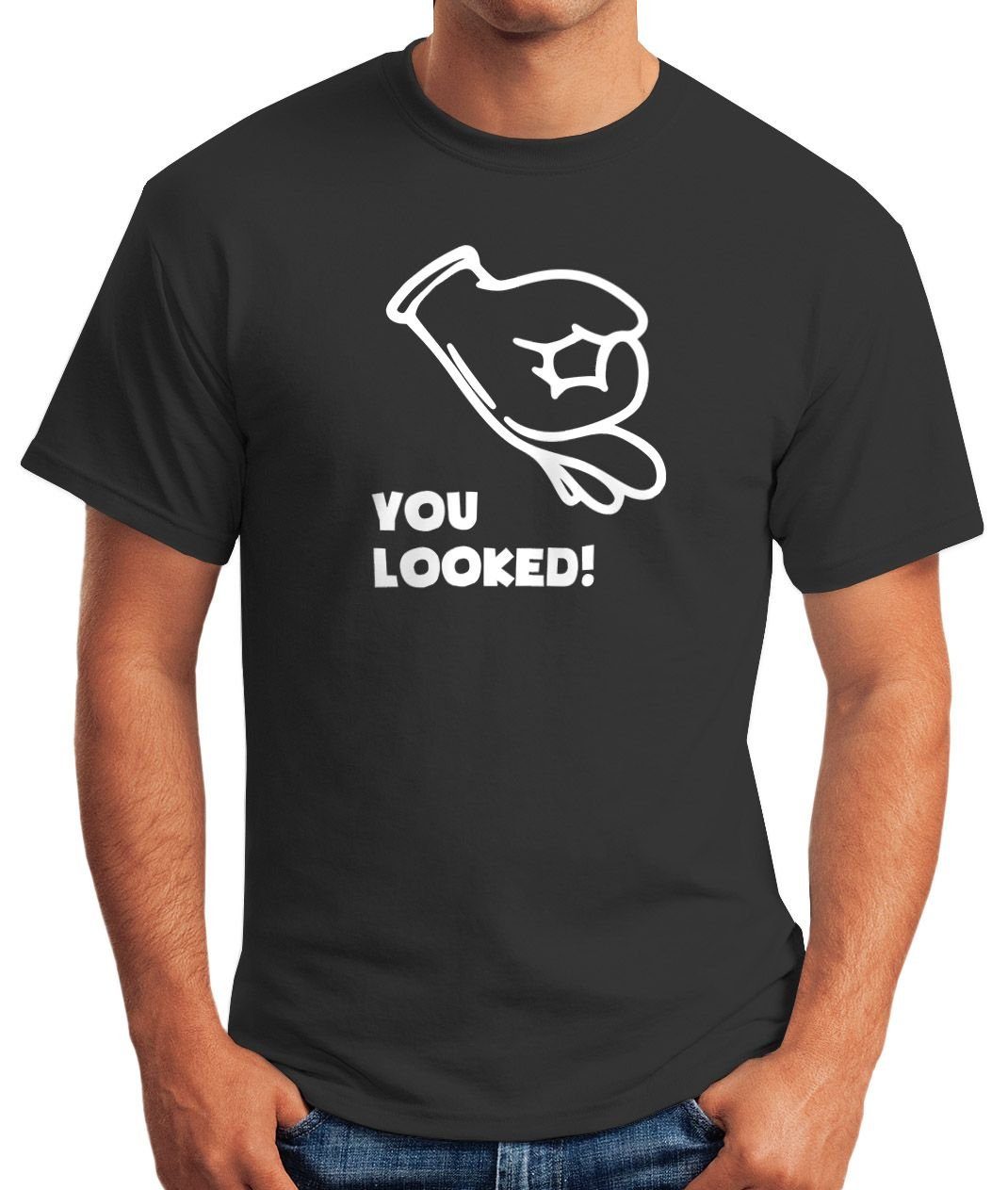 T-Shirt MoonWorks mit Moonworks® Hole Print Herren Hand Print-Shirt schwarz Comic Game Fun-Shirt Look