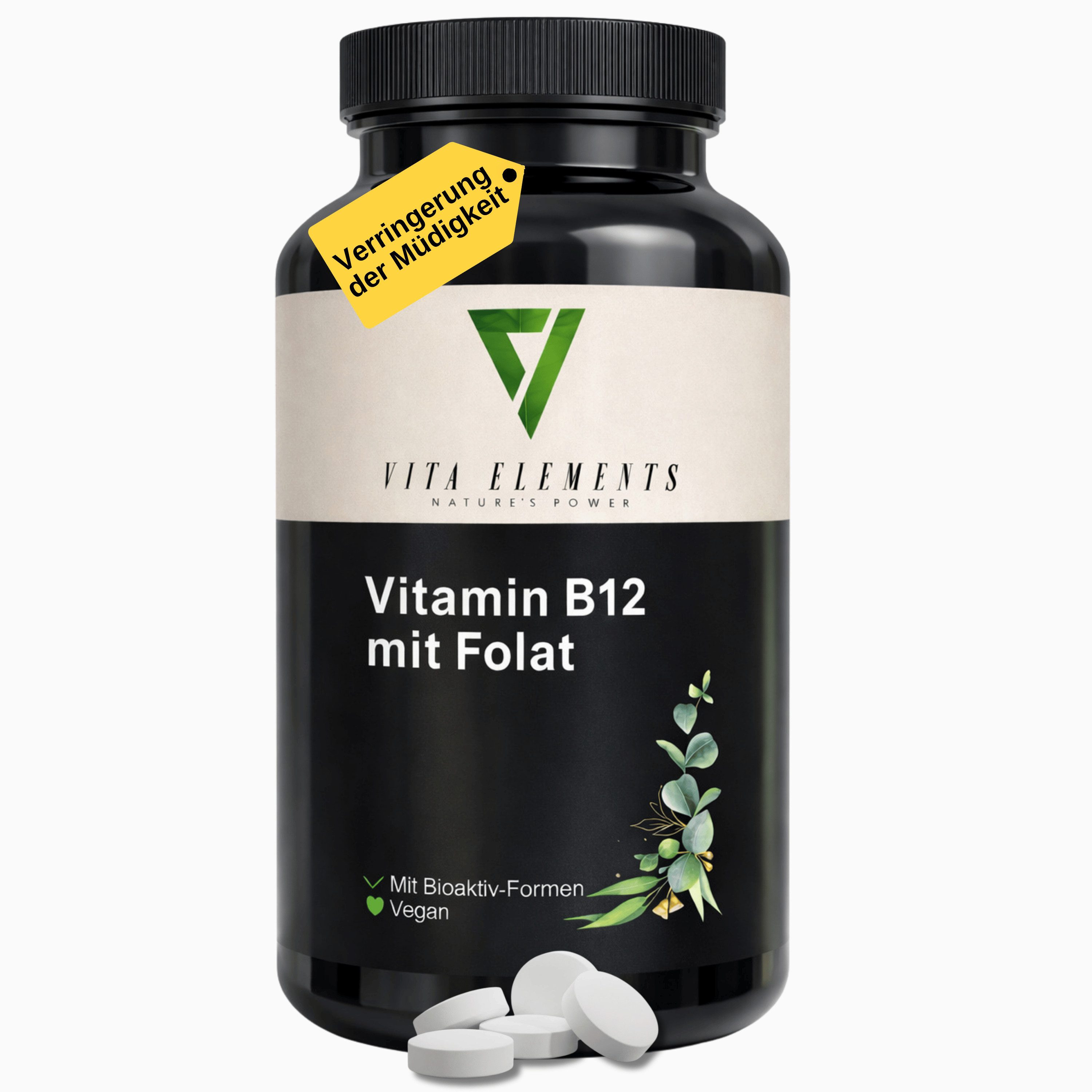 Vita Elements Vitamin B12 mit Folat Tabletten, 180 St., Vegan Frei von Gentechnik Ohne unnötige Zusätze Laborgeprüft
