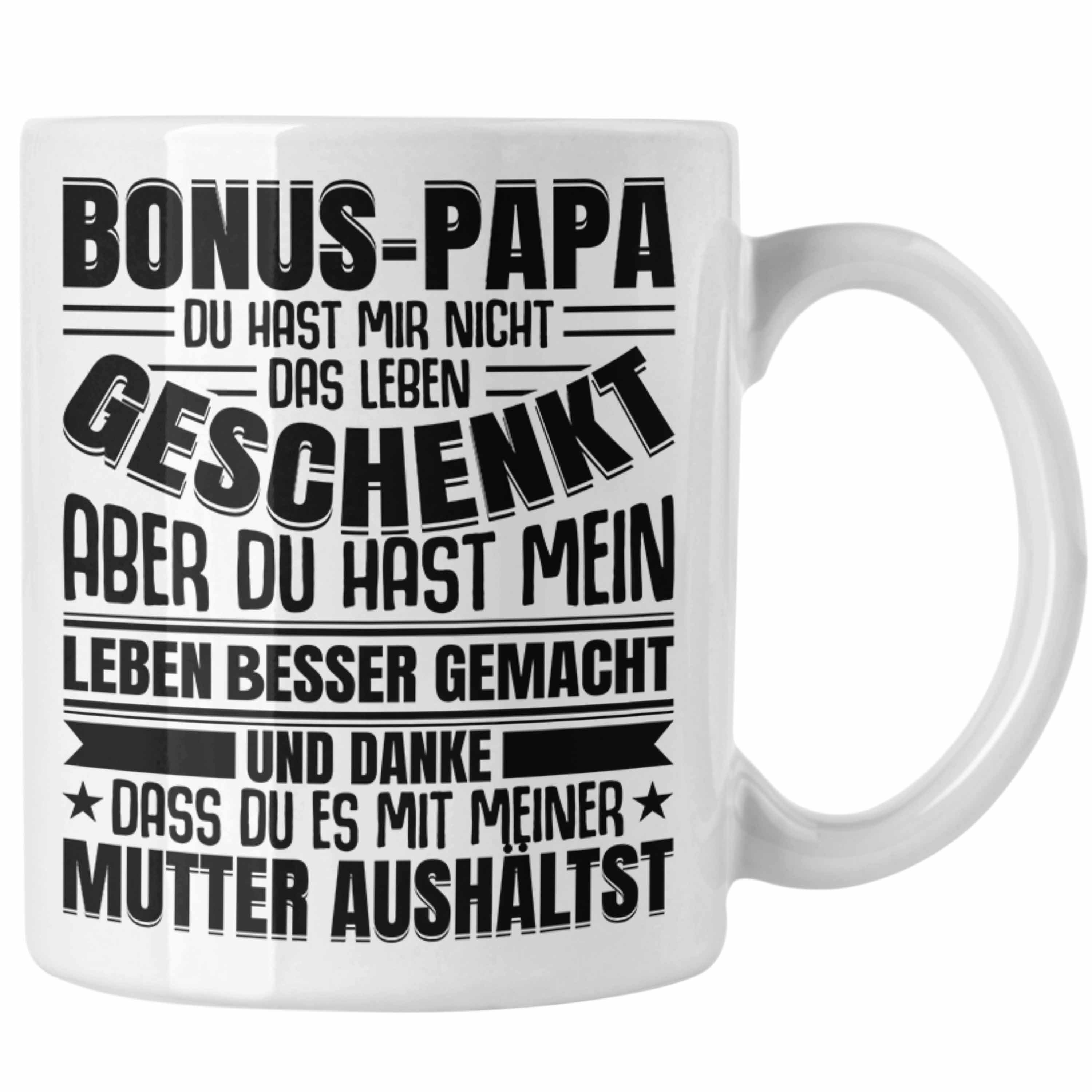 Trendation Tasse Trendation - Stiefvater Geschenk Tasse Vatertag Lustiger Spruch Bonus Geschenkidee Stiefpapa Weiss