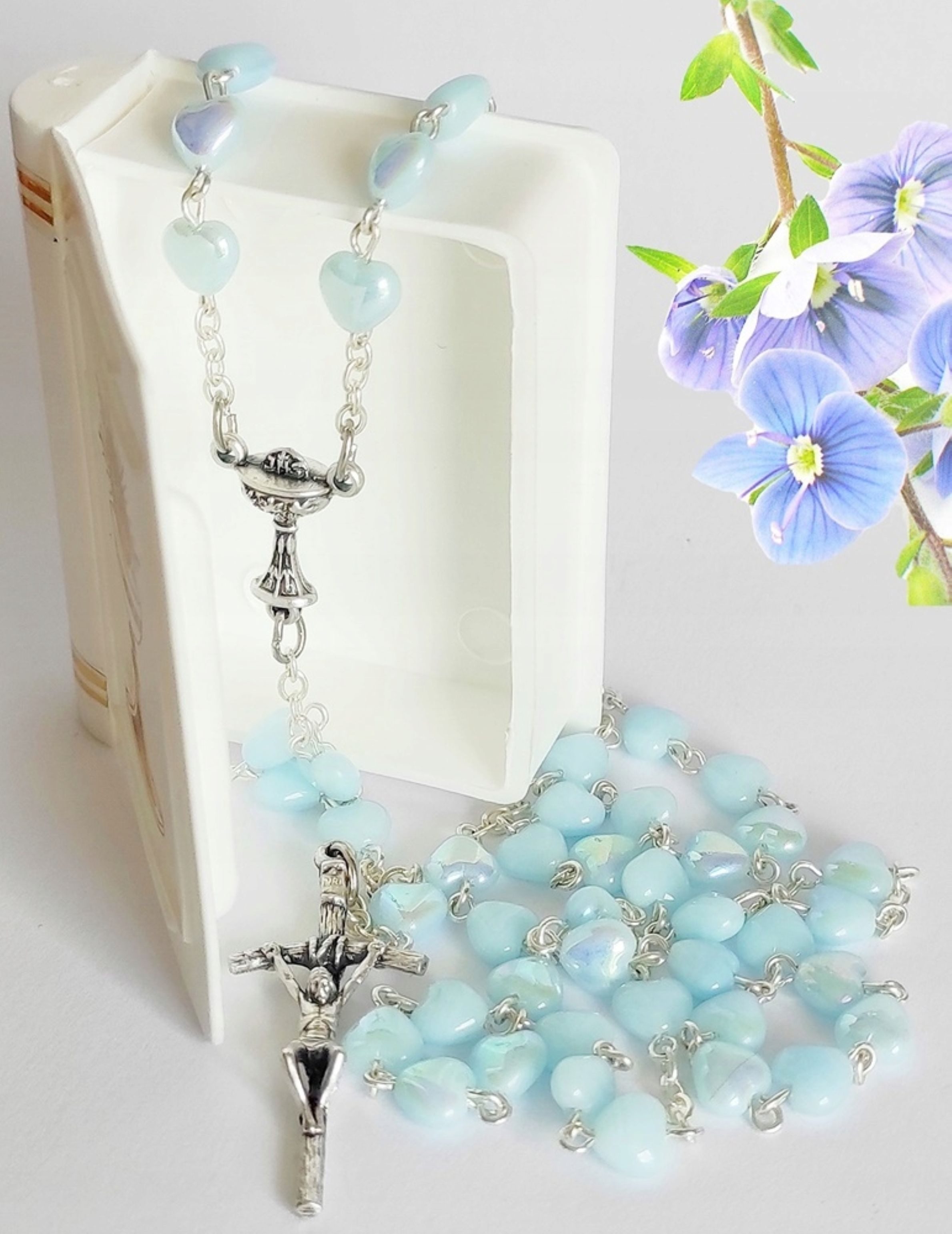 Festivalartikel Schmuck Etagere Rosenkranz Kommunion Blau Herz Perlen im Etui IHS Kreuz Handarbeit
